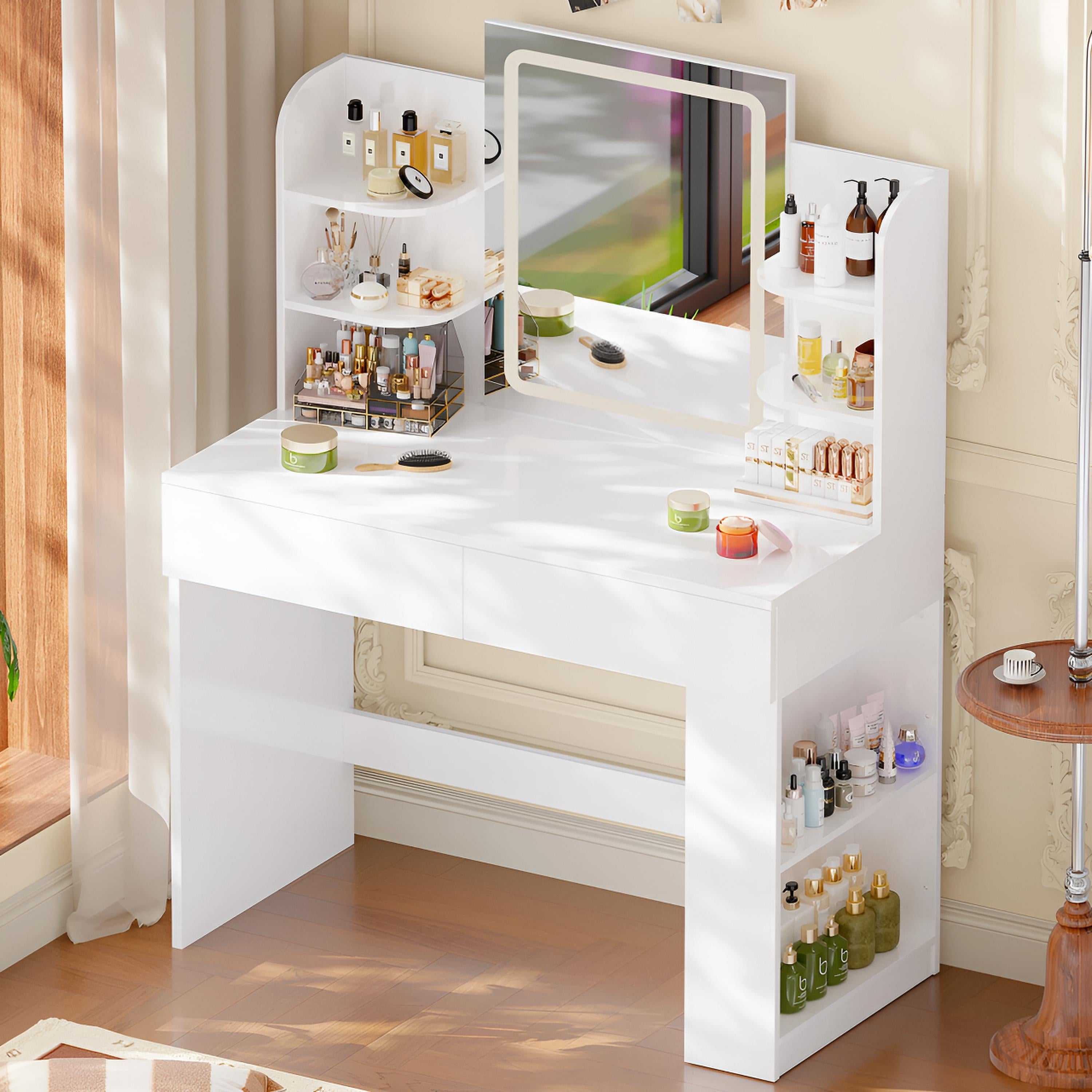 Coiffeuse avec Miroir LED et Tabouret | 2 Grands Tiroirs + Lumière Réglable – AUREA