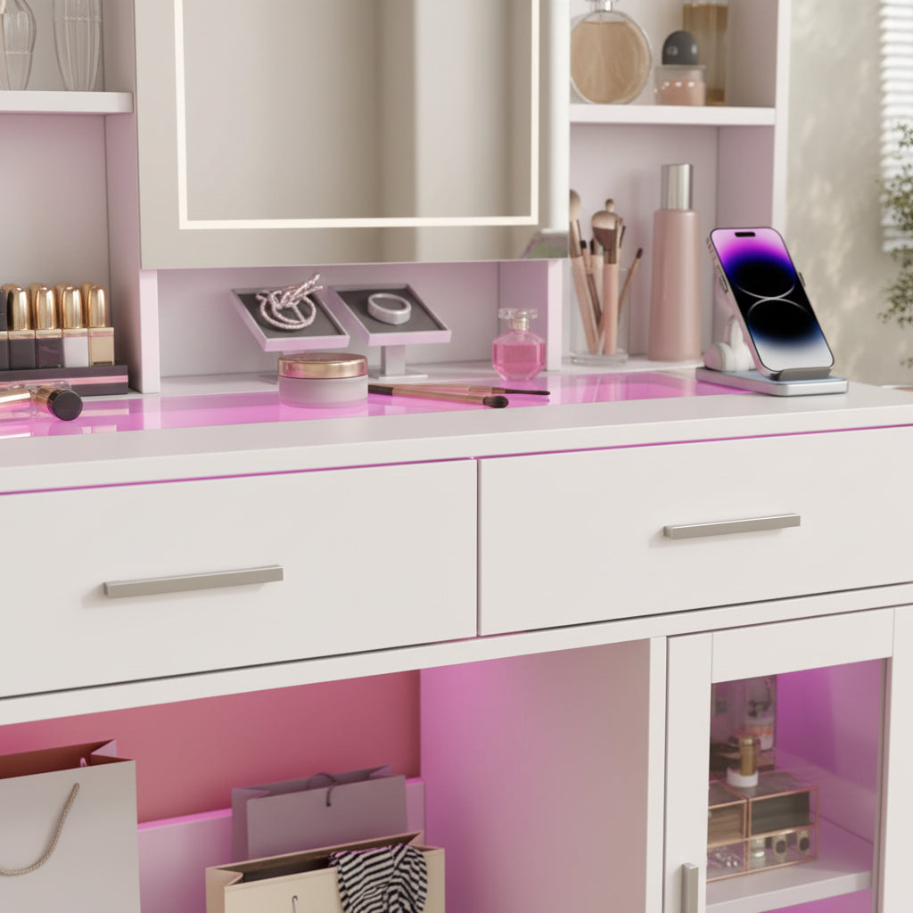 Coiffeuse femme LED avec Miroir et Rangement | 2 Tiroirs + Étagères + Support Sèche-Cheveux – AUREA