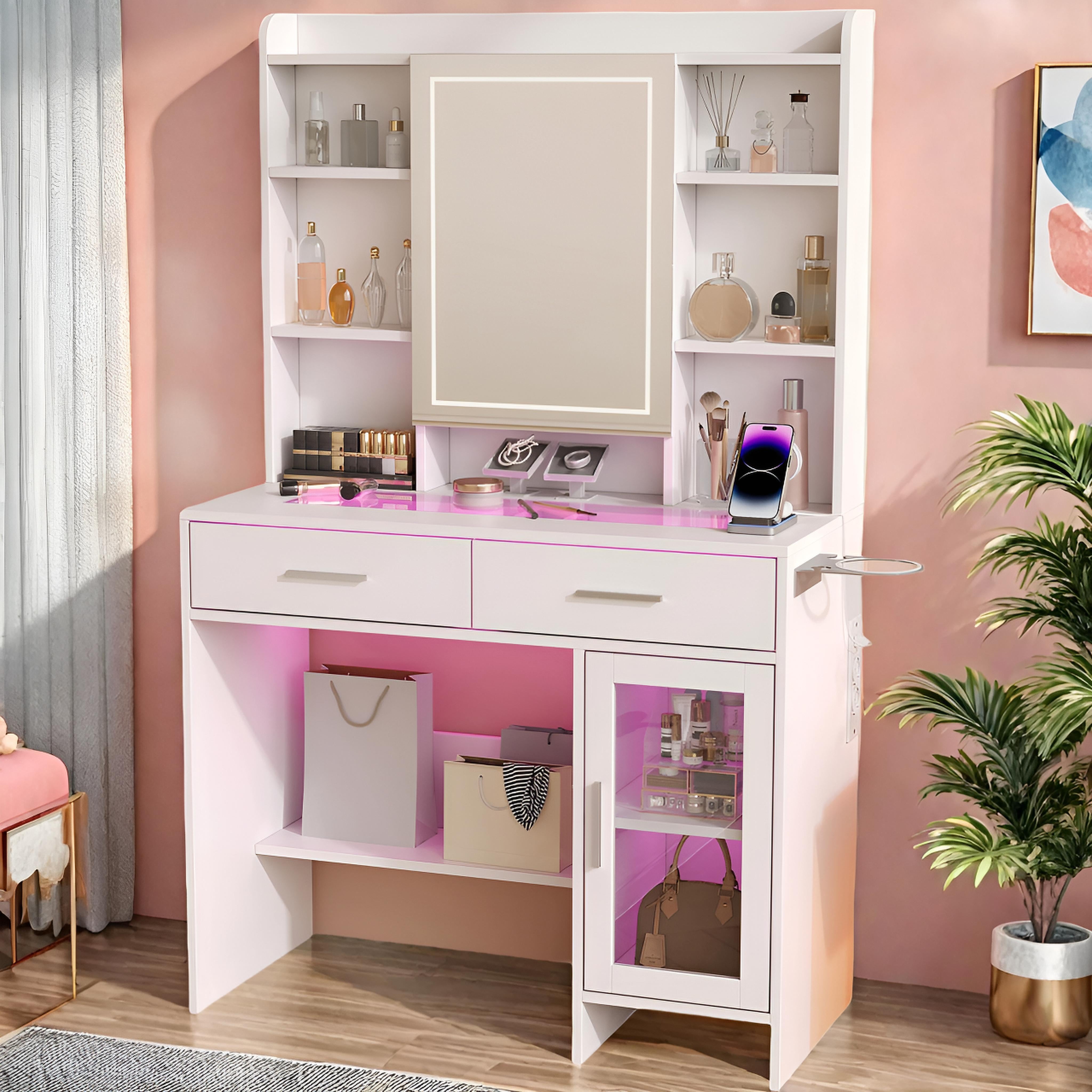Coiffeuse femme LED avec Miroir et Rangement | 2 Tiroirs + Étagères + Support Sèche-Cheveux – AUREA
