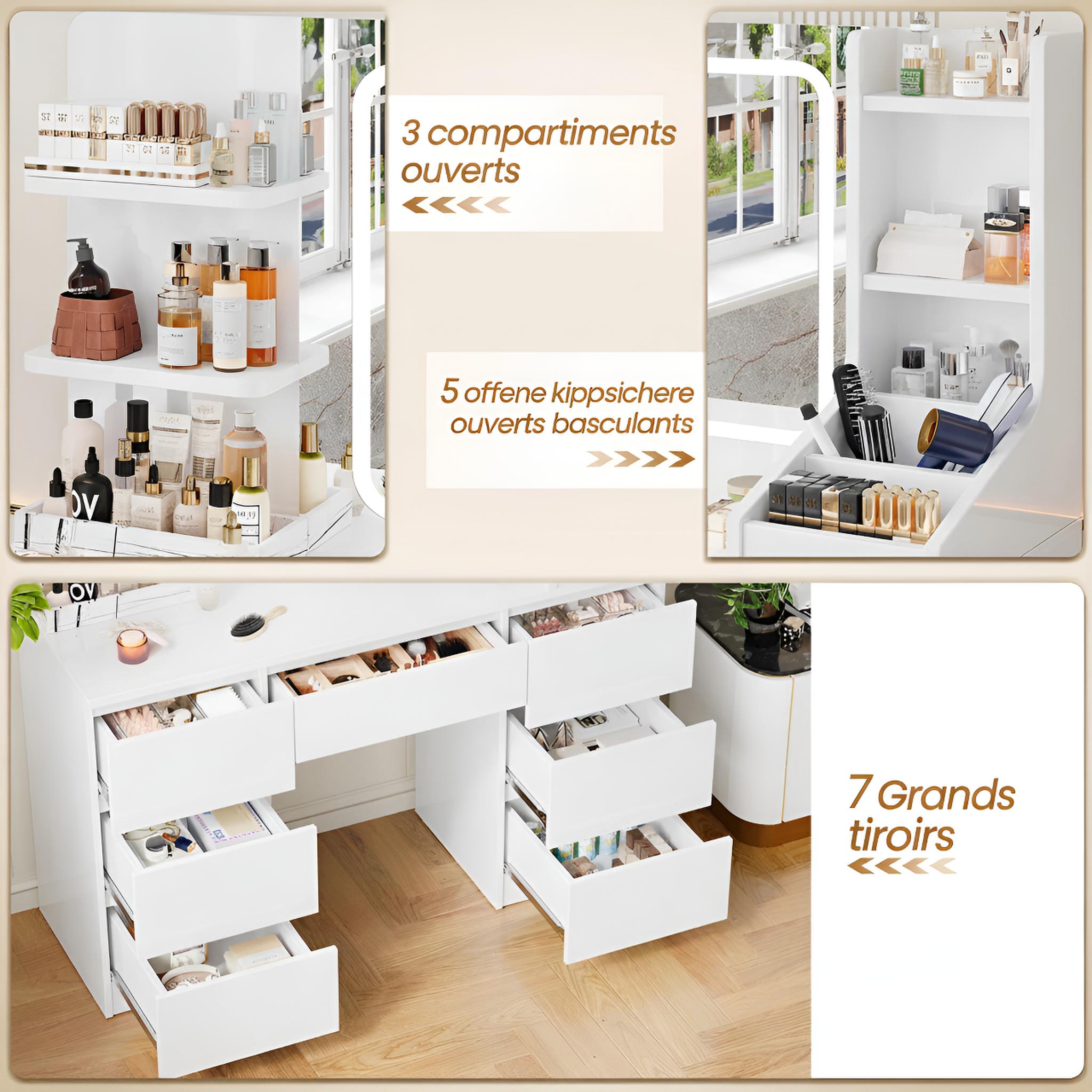 Coiffeuse avec Miroir LED et 7 Tiroirs | Éclairage Réglable + Prises Intégrées – AUREA