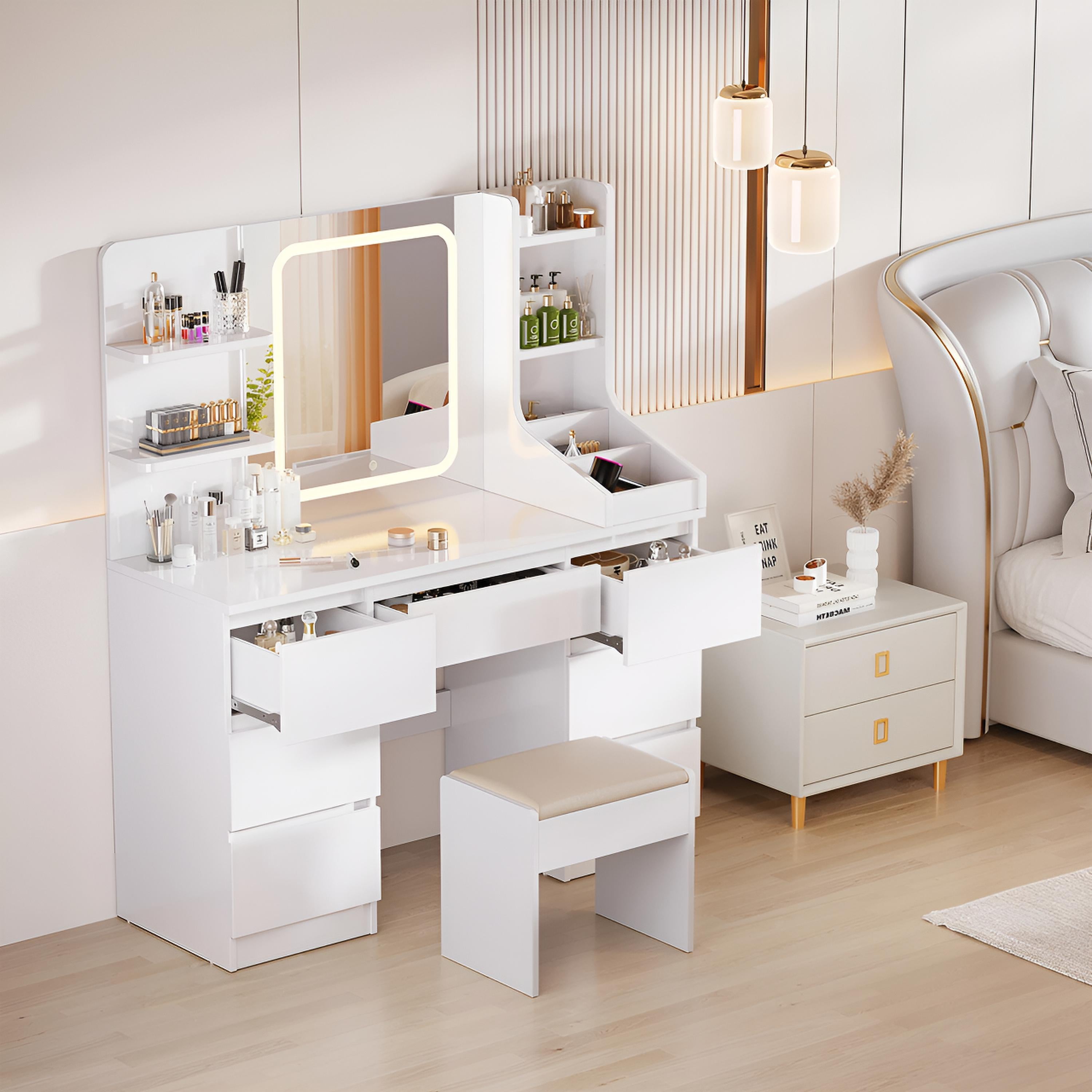 Coiffeuse avec Miroir LED et 7 Tiroirs | Éclairage Réglable + Prises Intégrées – AUREA
