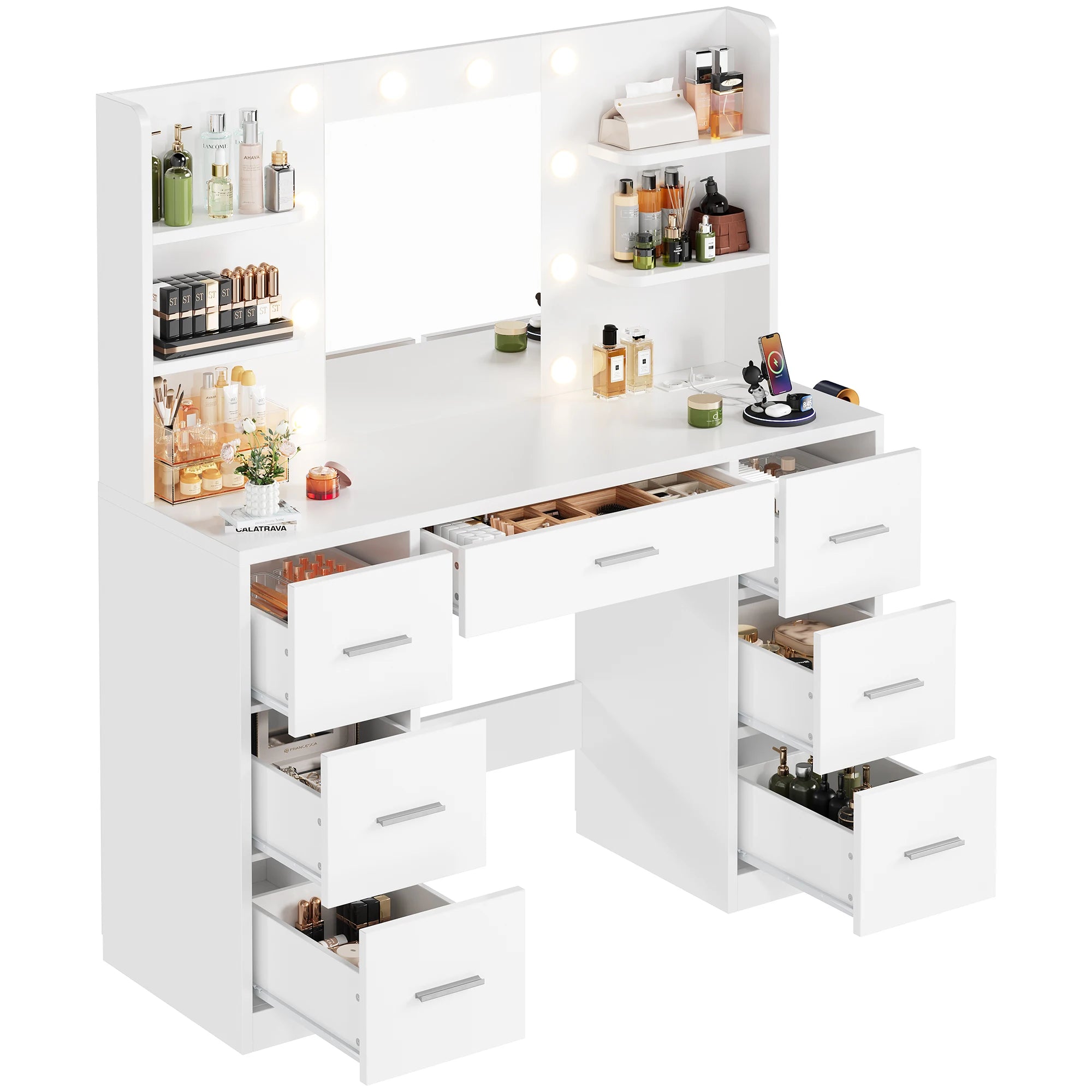 Coiffeuse femmes LED avec Miroir et Rangement | 7 Tiroirs + Éclairage Réglable + Prise – AUREA