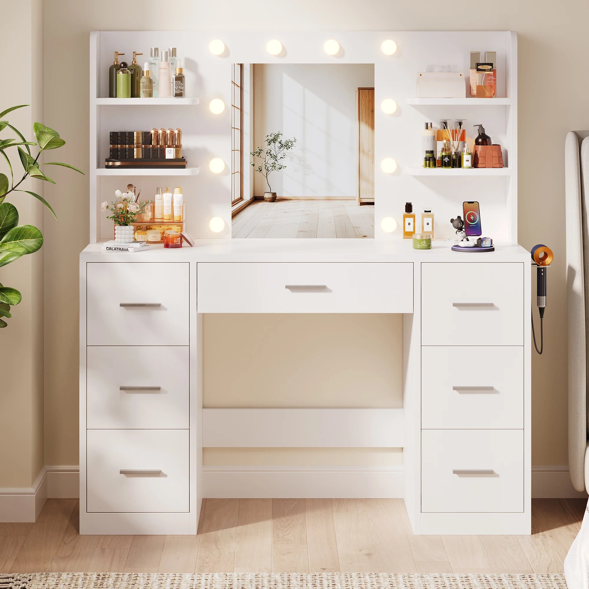 Coiffeuse femmes LED avec Miroir et Rangement | 7 Tiroirs + Éclairage Réglable + Prise – AUREA