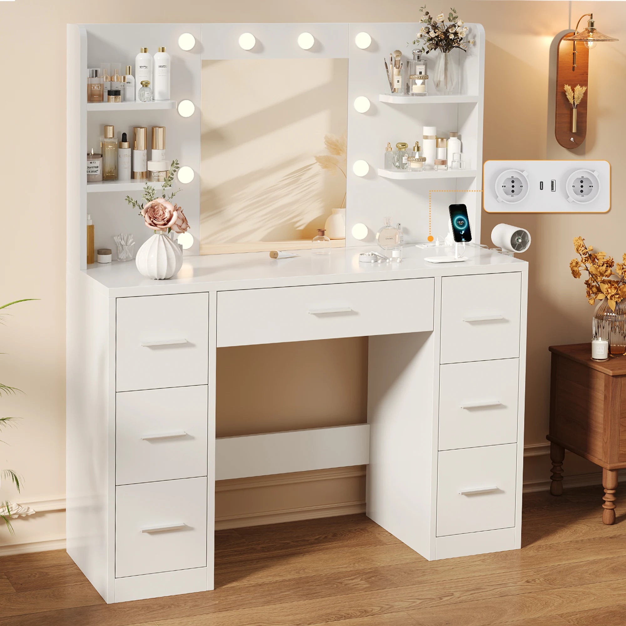 Coiffeuse femmes LED avec Miroir et Rangement | 7 Tiroirs + Éclairage Réglable + Prise – AUREA