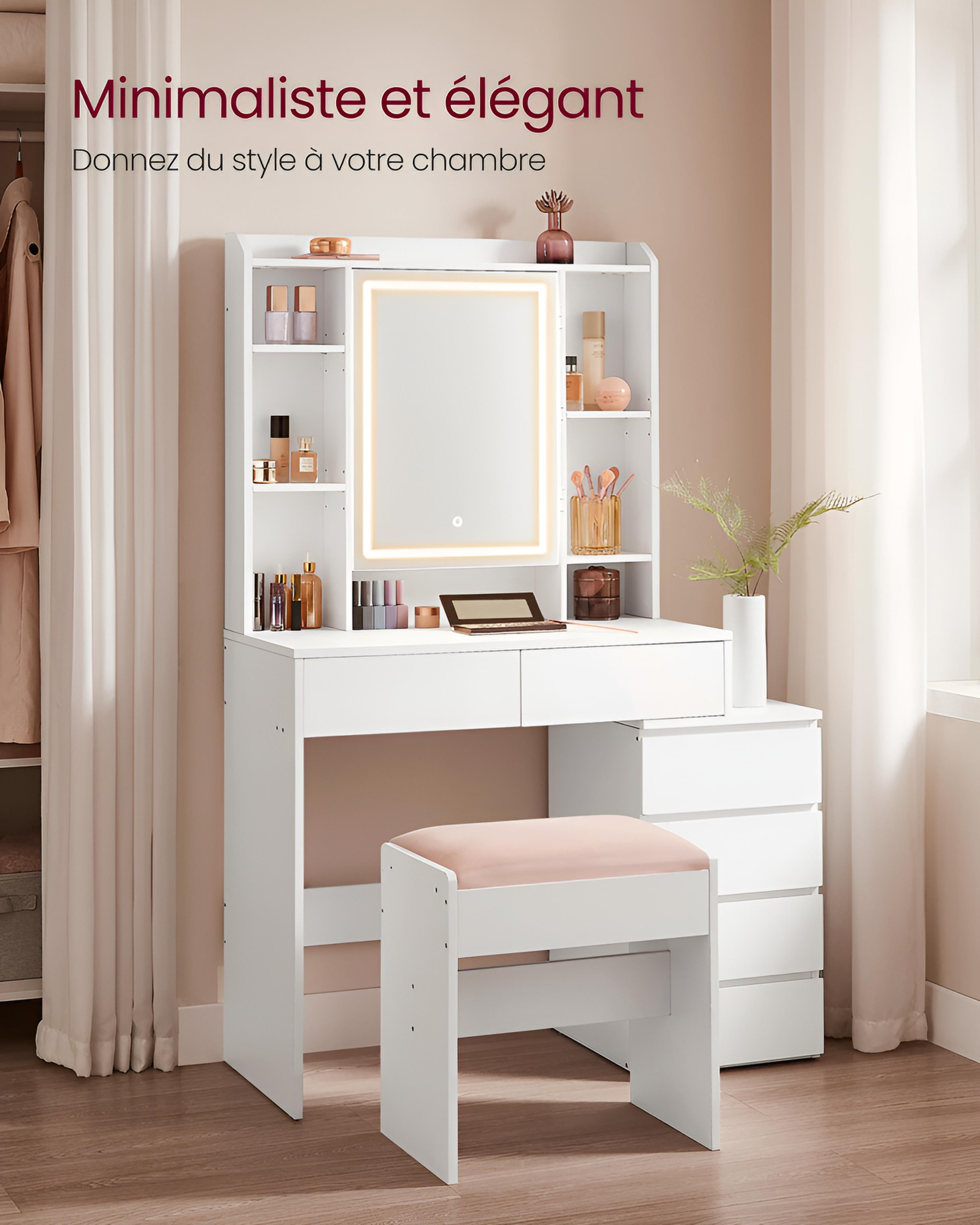 Coiffeuse avec Miroir LED et Tabouret | Étagères Réglables + Grand Rangement – AUREA