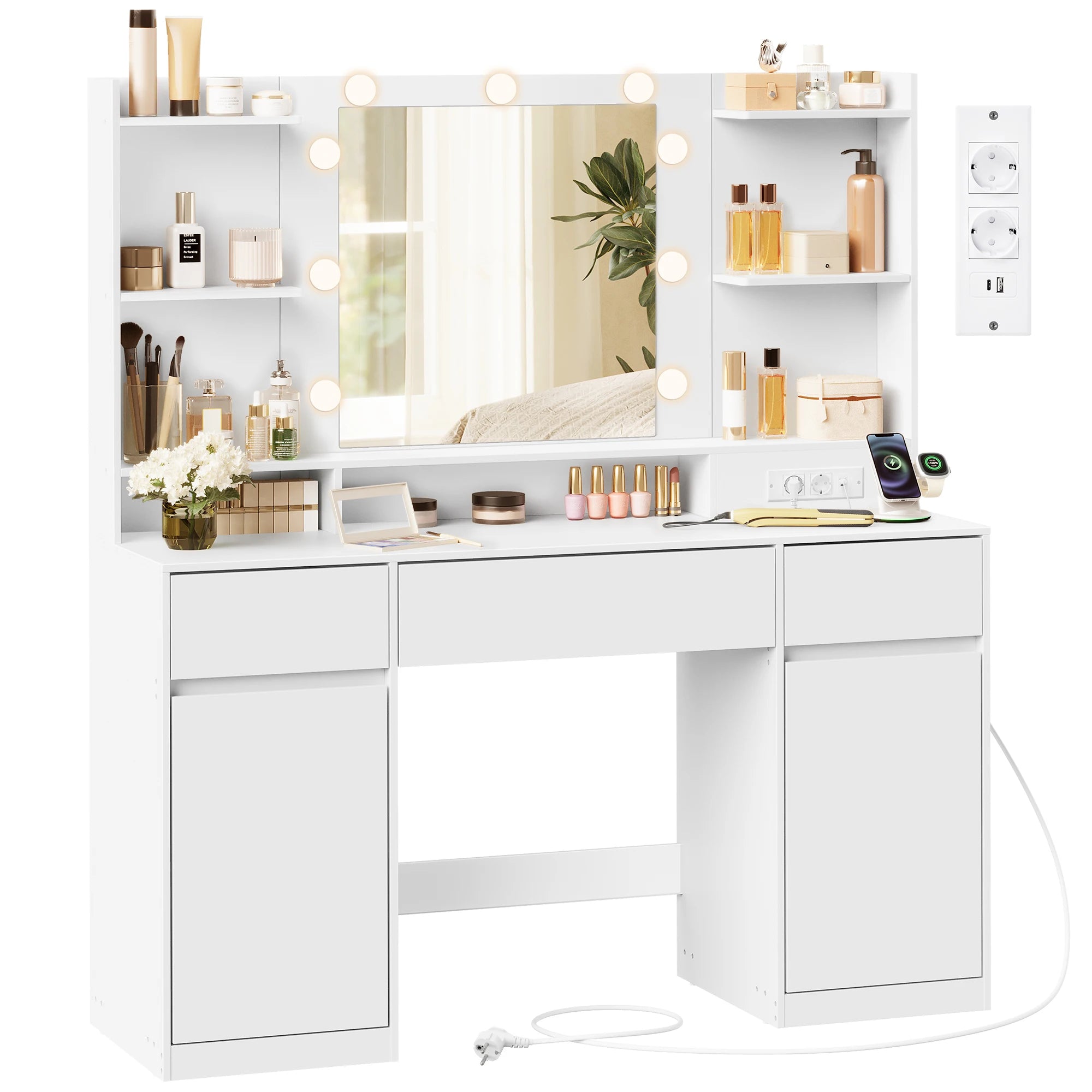 Coiffeuse avec Miroir LED et Prises | 3 Tiroirs + 2 Placards + 9 Ampoules – AUREA