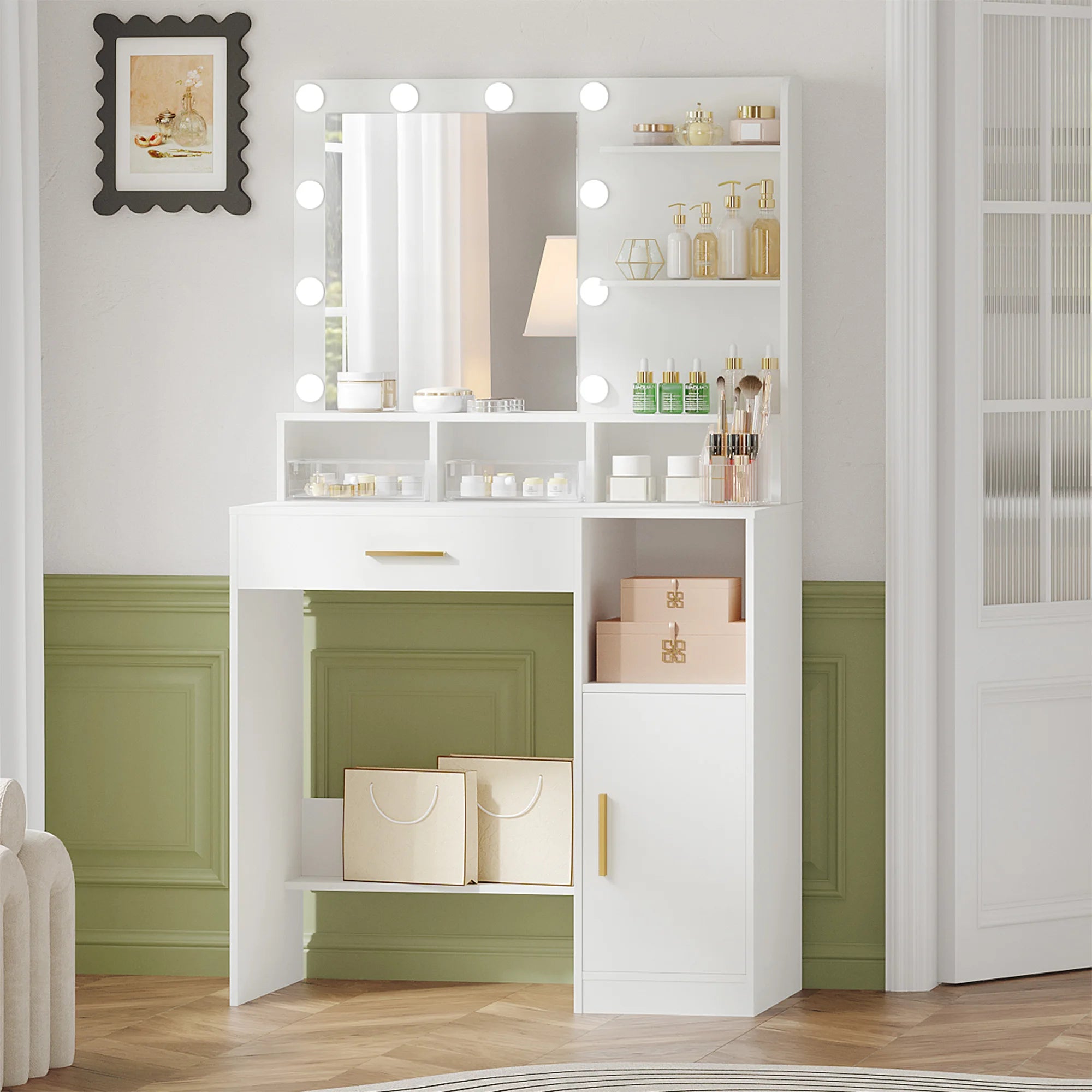 Coiffeuse avec Miroir LED et Rangement | 10 Lumières + Étagères & Compartiments – AUREA