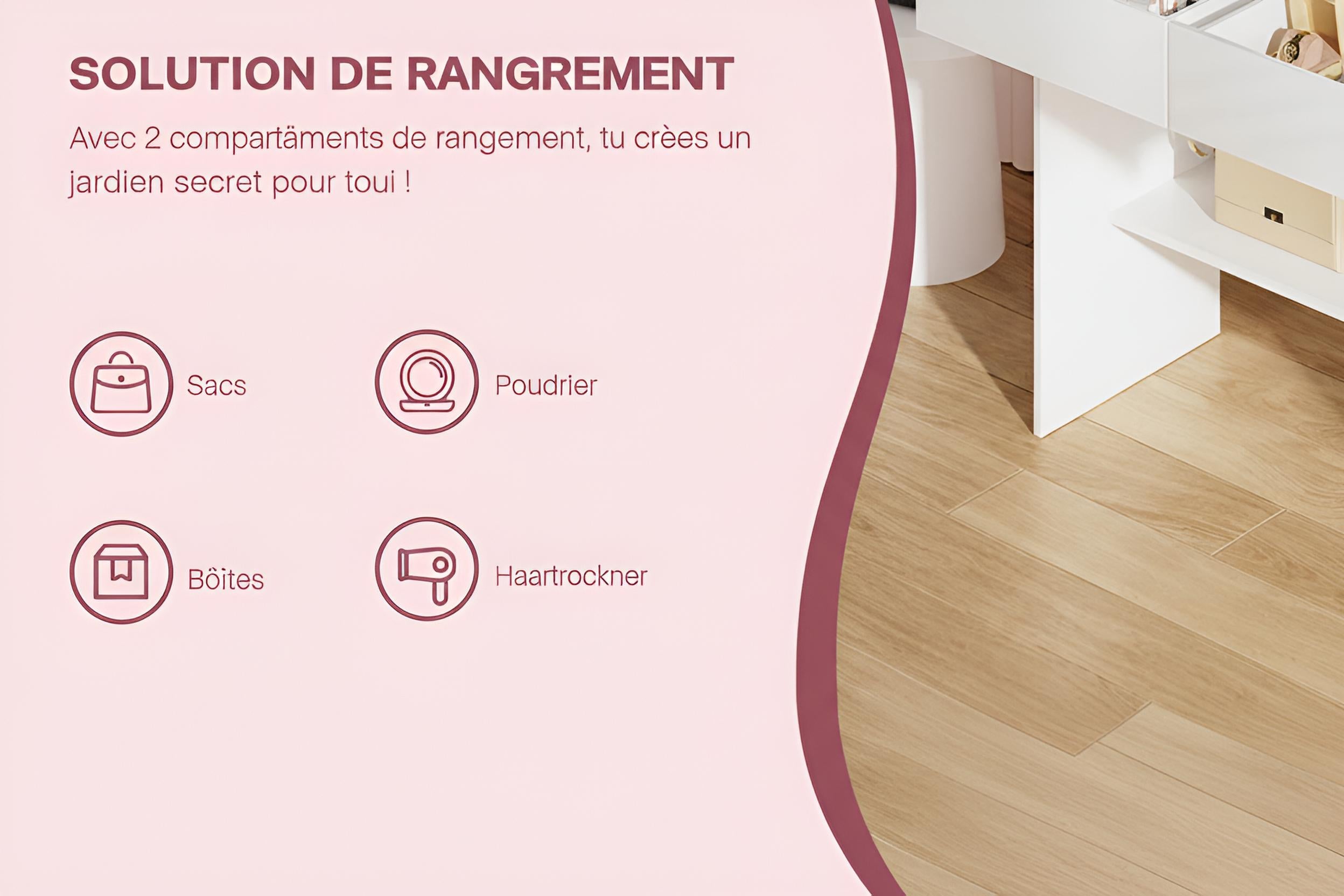 Coiffeuse Femme avec Miroir LED Réglable | 2 Tiroirs + 4 Étagères + Placard – AUREA