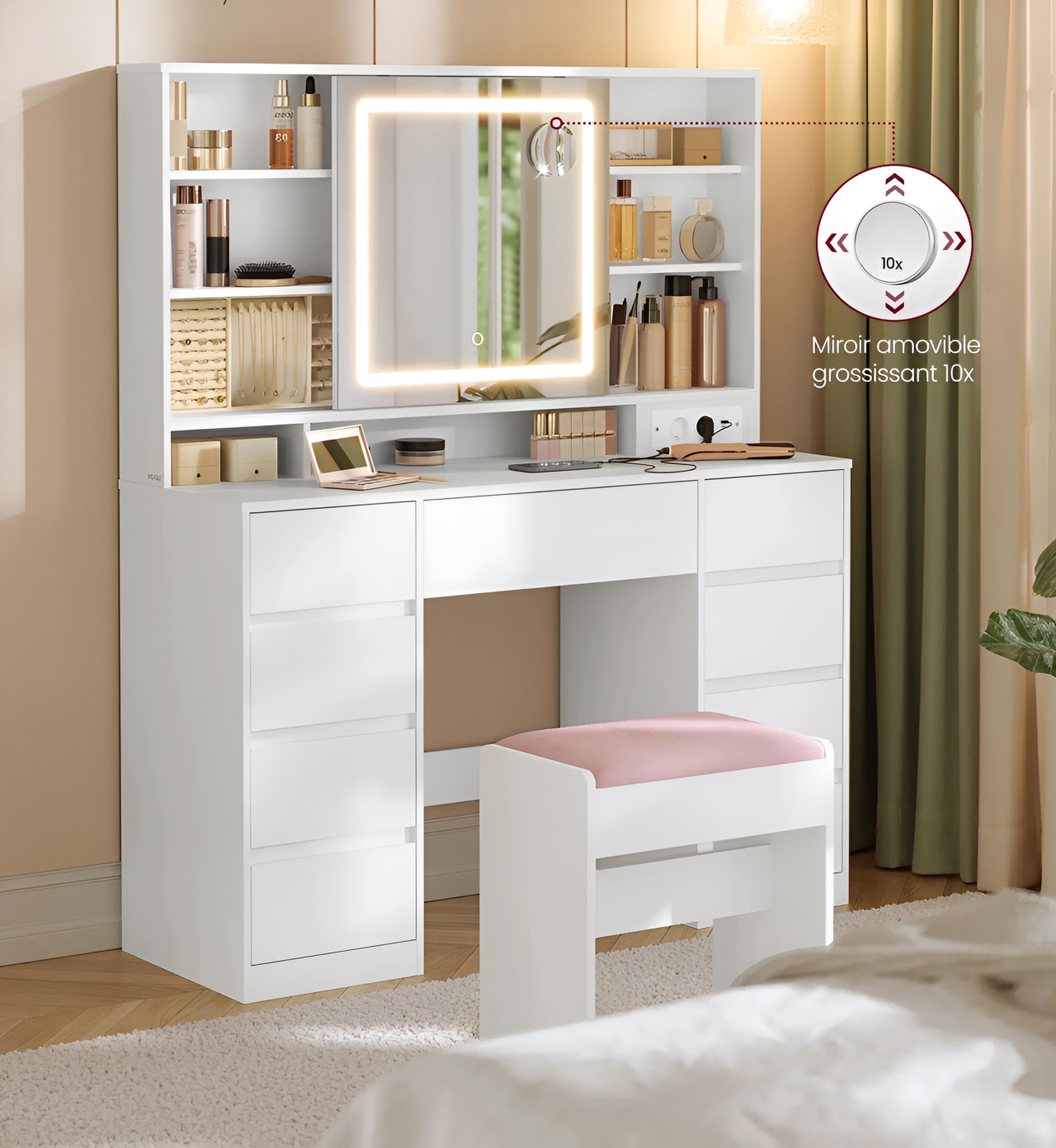 Coiffeuse avec Miroir LED Coulissant | Tabouret + Rangement Bijoux – AUREA