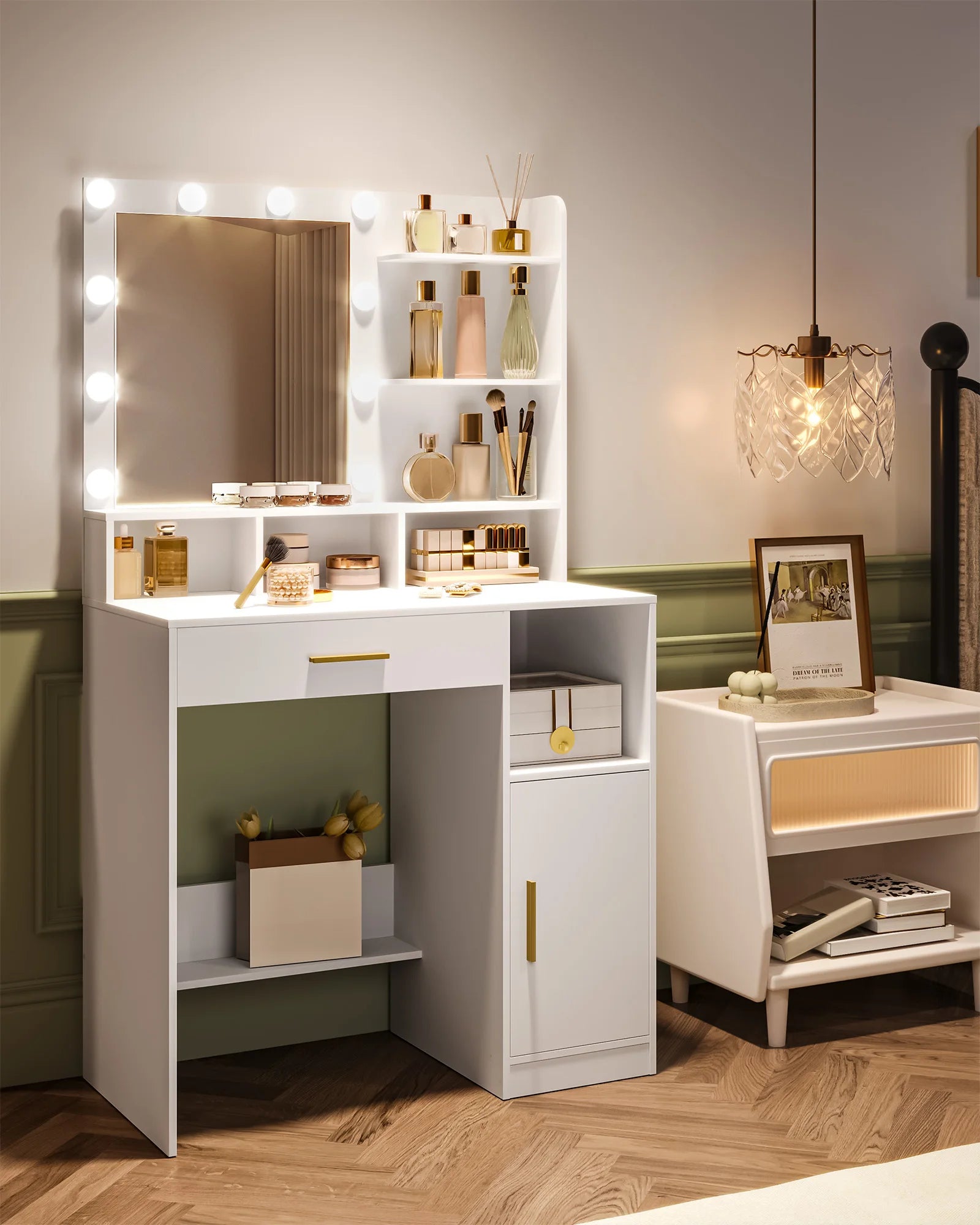 Coiffeuse avec Miroir LED et Rangement | 10 Lumières + Étagères & Compartiments – AUREA
