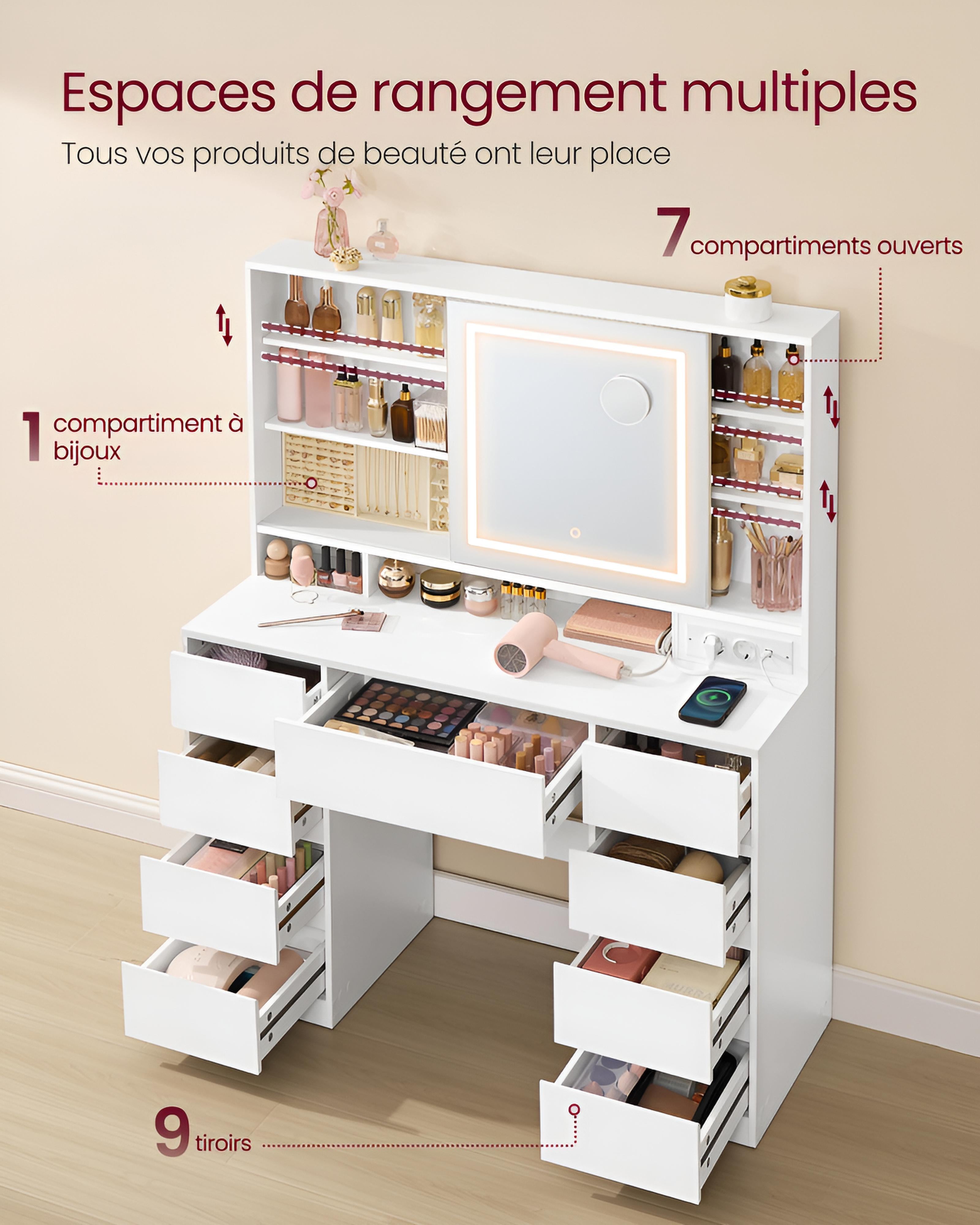 Coiffeuse avec Miroir LED Coulissant | Tabouret + Rangement Bijoux – AUREA