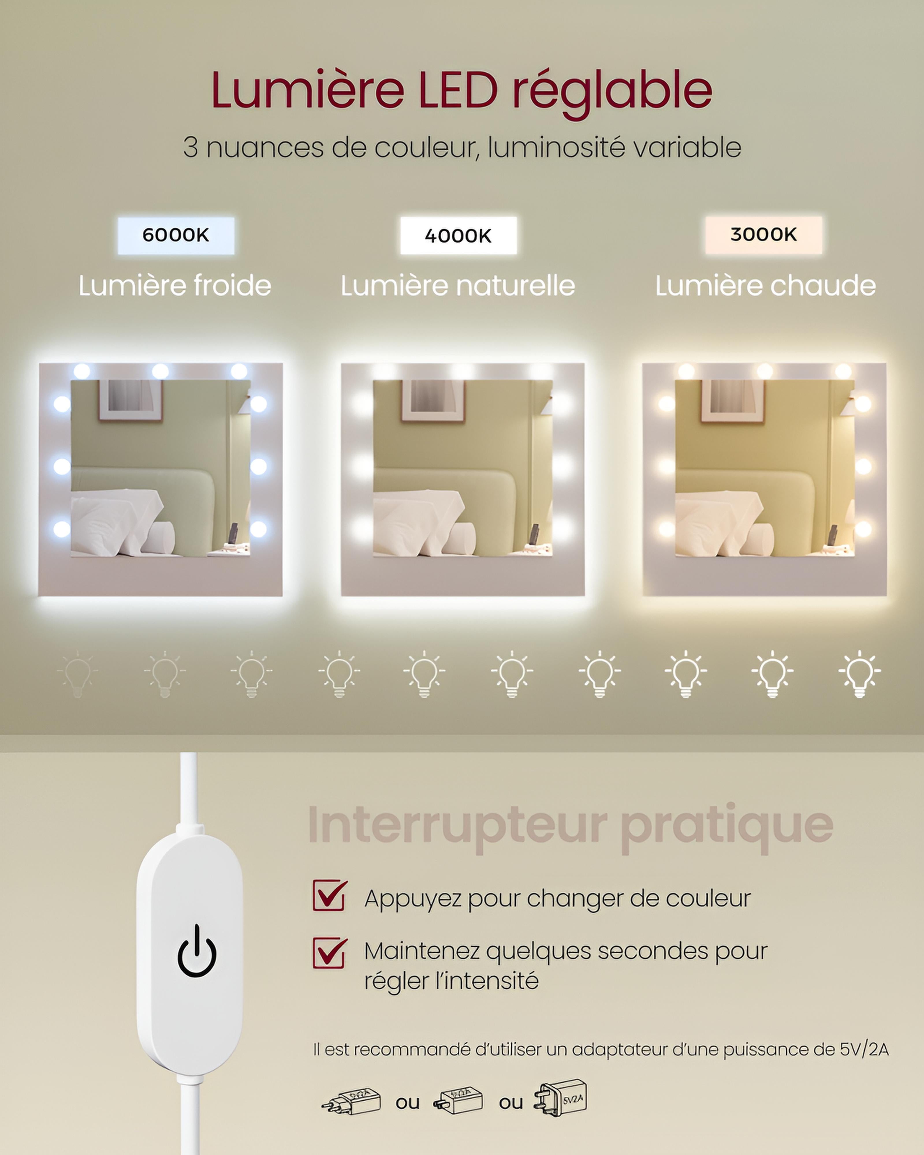 Coiffeuse avec Miroir LED et Prises | 3 Tiroirs + 2 Placards + 9 Ampoules – AUREA