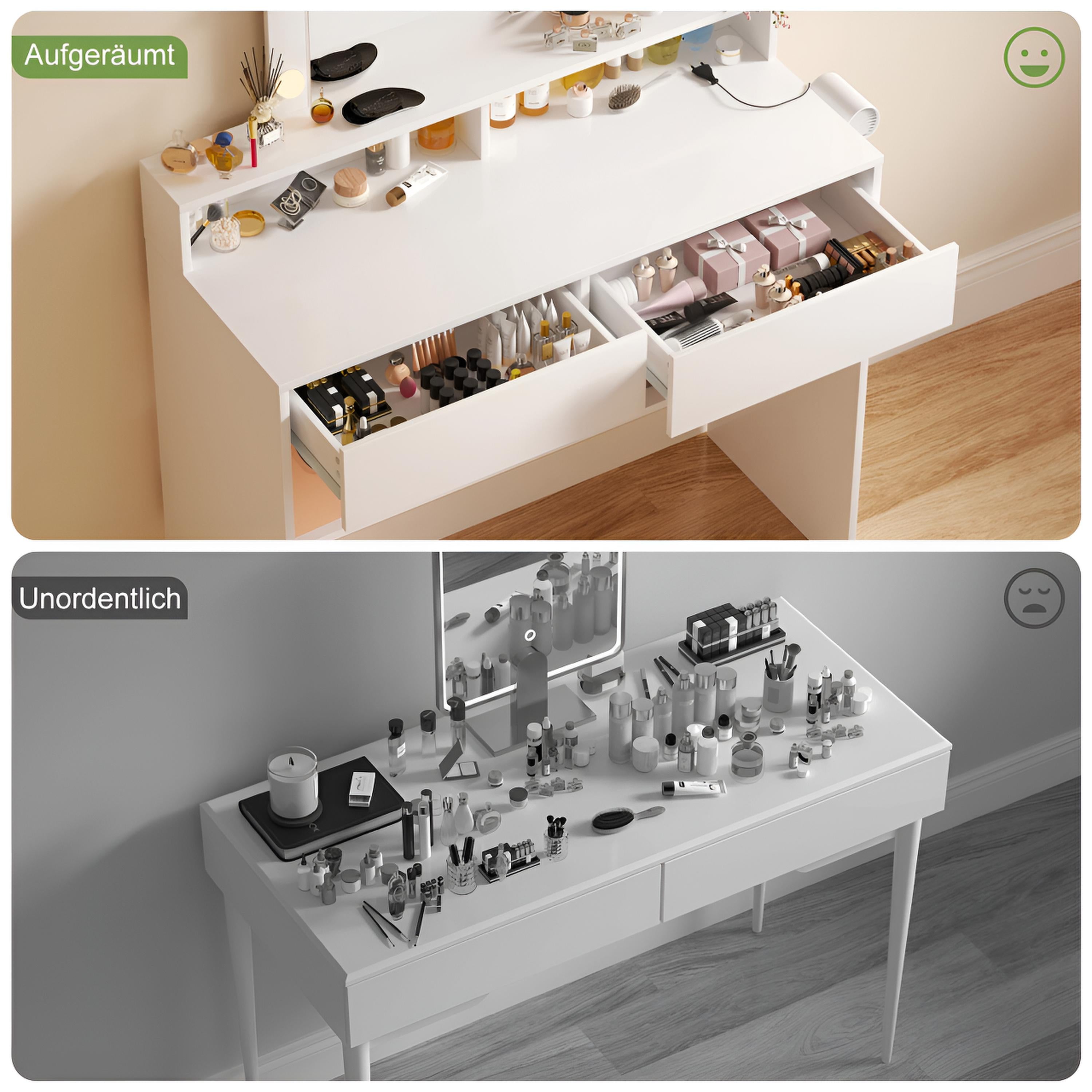 Coiffeuse avec Miroir LED Réglable | 2 Tiroirs + 4 Étagères + Placard – AUREA