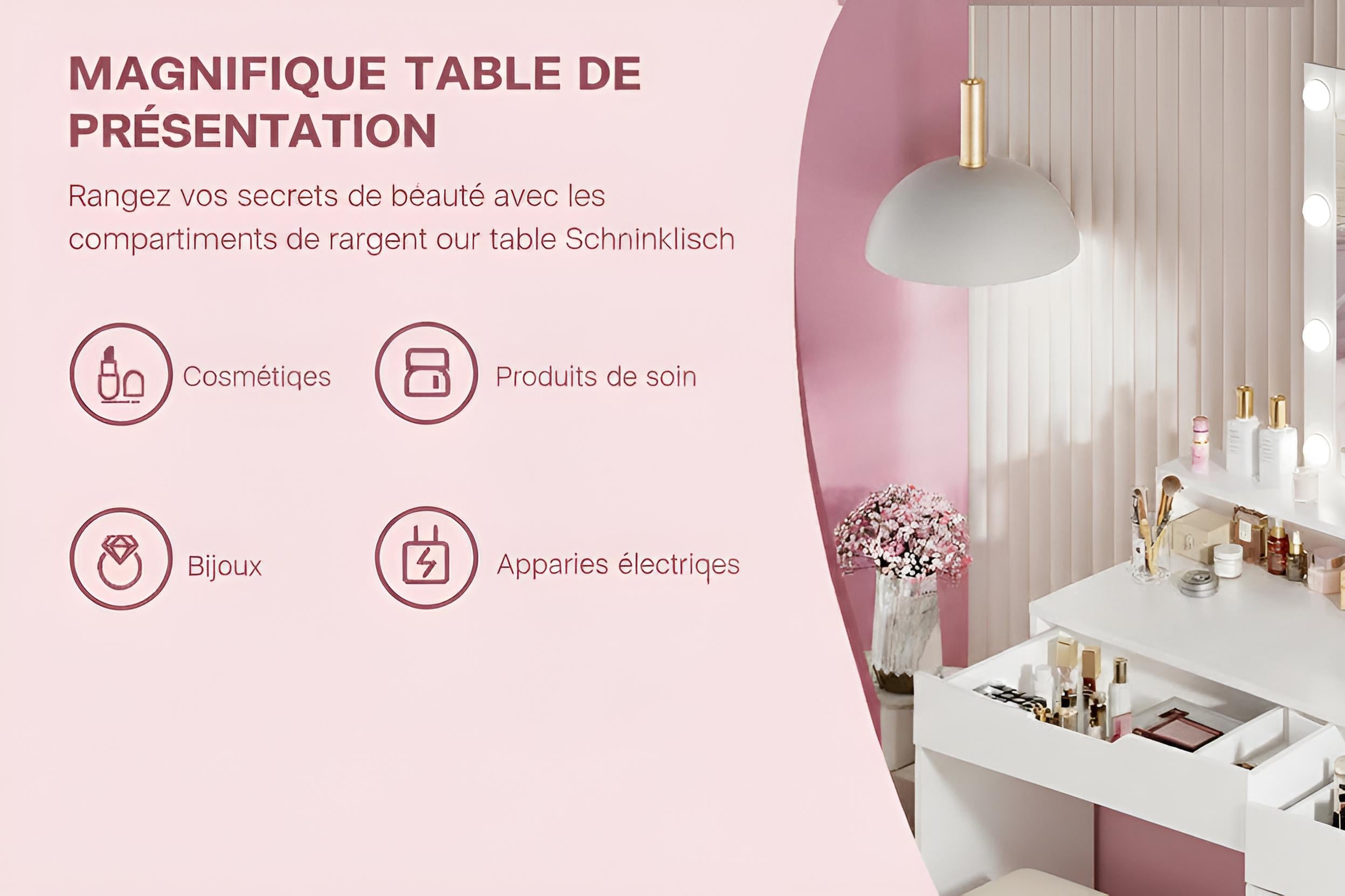 Coiffeuse Femme avec Miroir LED Réglable | 2 Tiroirs + 4 Étagères + Placard – AUREA