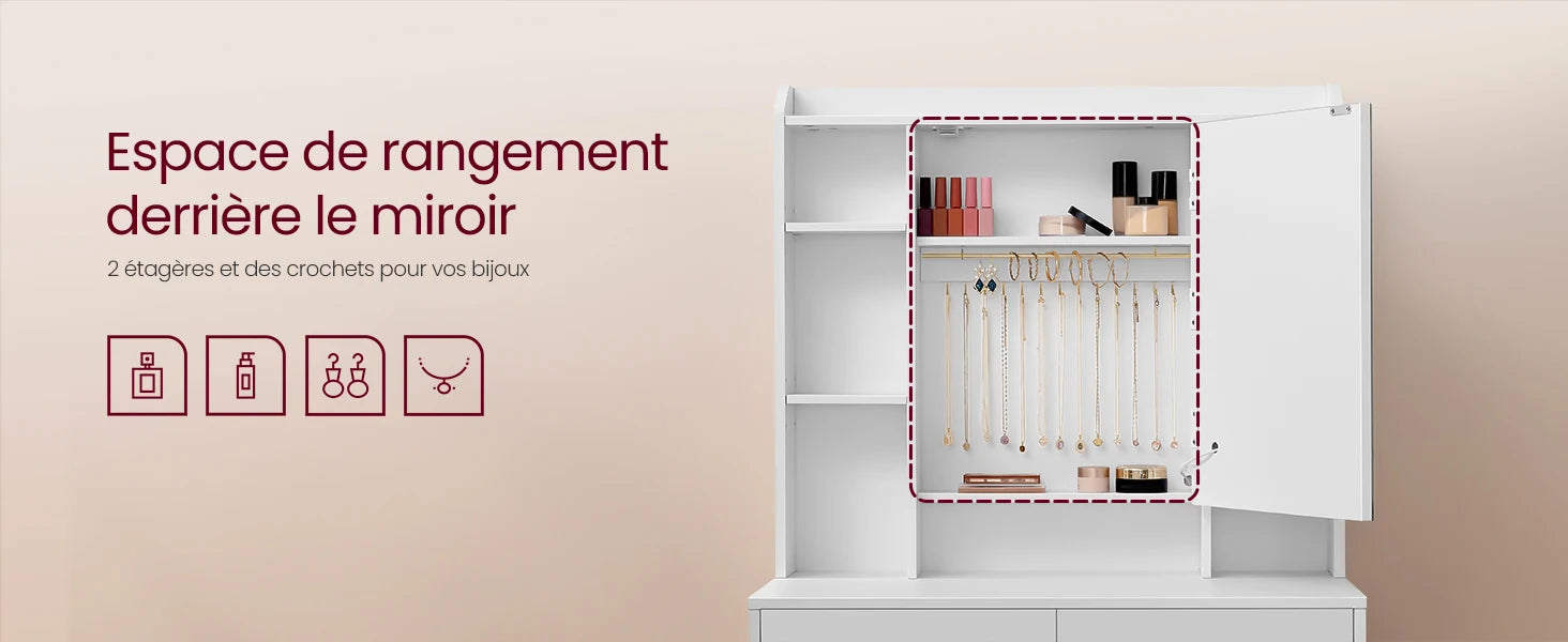 Coiffeuse avec Miroir LED et Tabouret | Étagères Réglables + Grand Rangement – AUREA