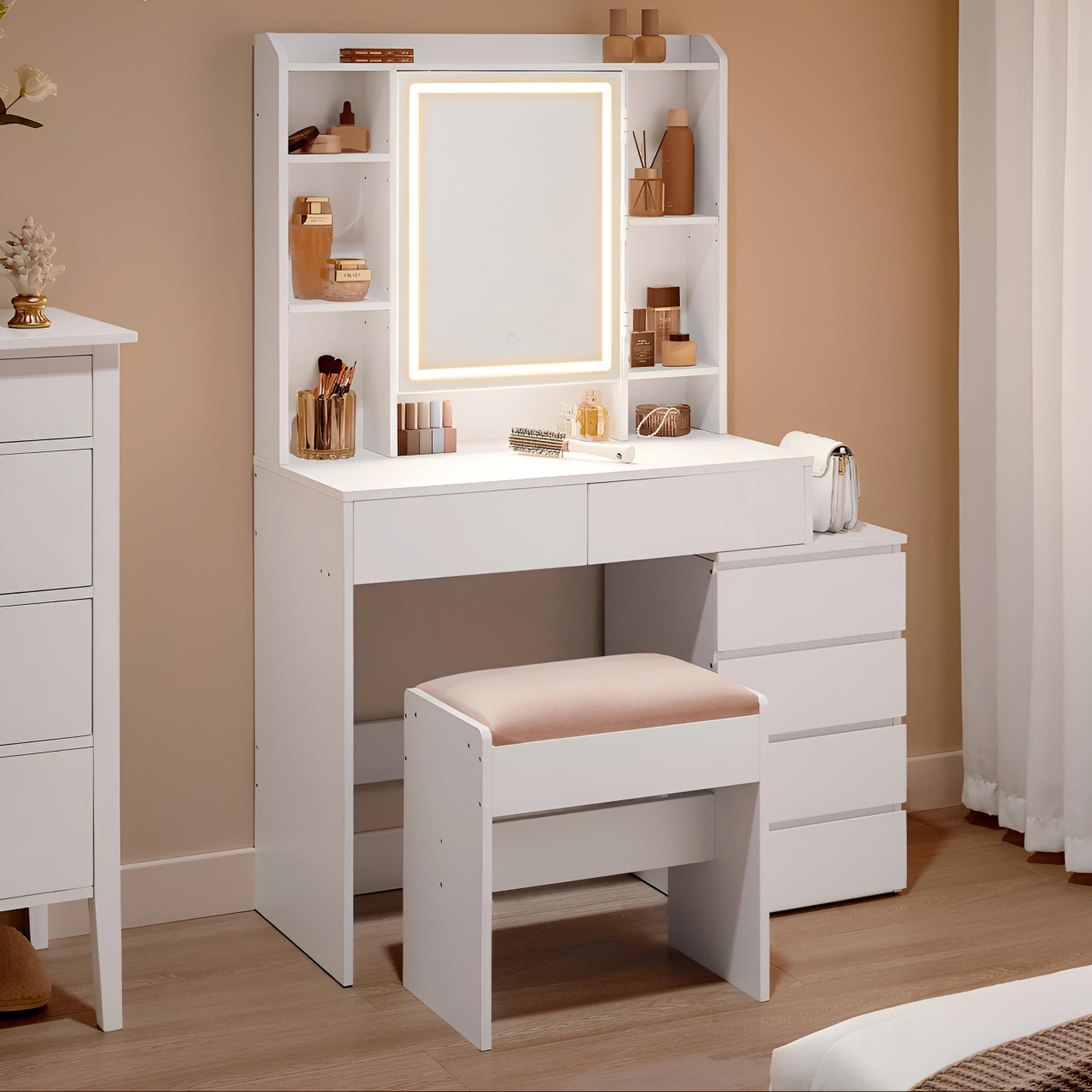 Coiffeuse avec Miroir LED et Tabouret | Étagères Réglables + Grand Rangement – AUREA