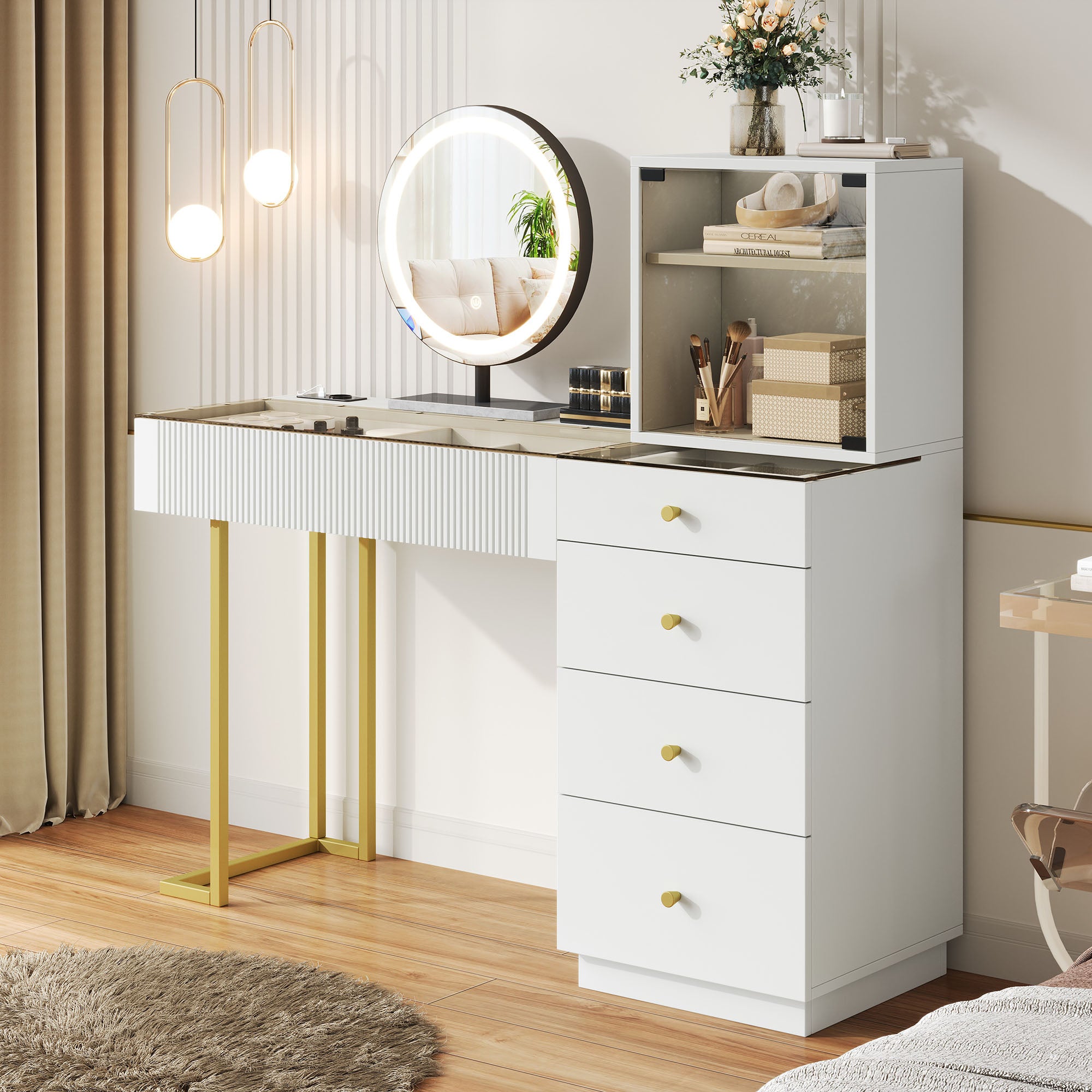 Coiffeuse avec Miroir LED et Plateau en Verre | 5 Tiroirs + Placard – AUREA
