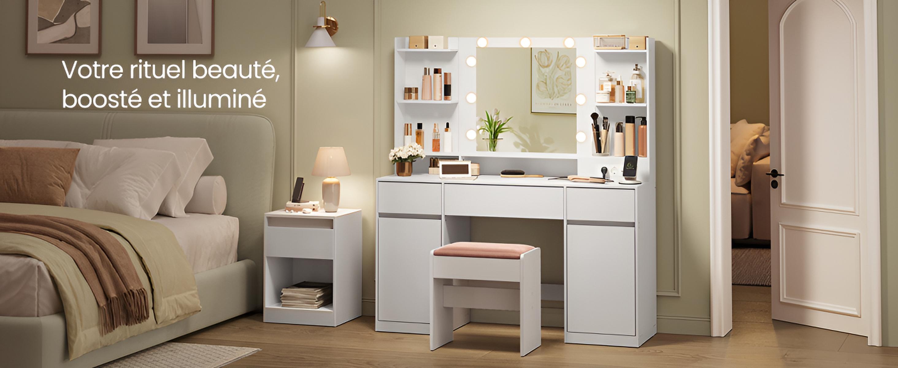 Coiffeuse avec Miroir LED et Prises | 3 Tiroirs + 2 Placards + 9 Ampoules – AUREA
