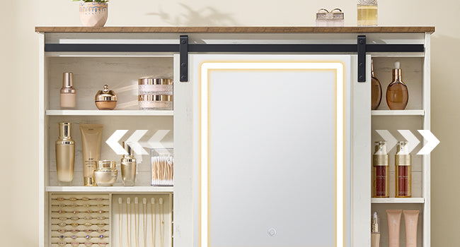 Coiffeuse femme avec Miroir LED et Tabouret | 2 Tiroirs + Prise Intégrée – AUREA