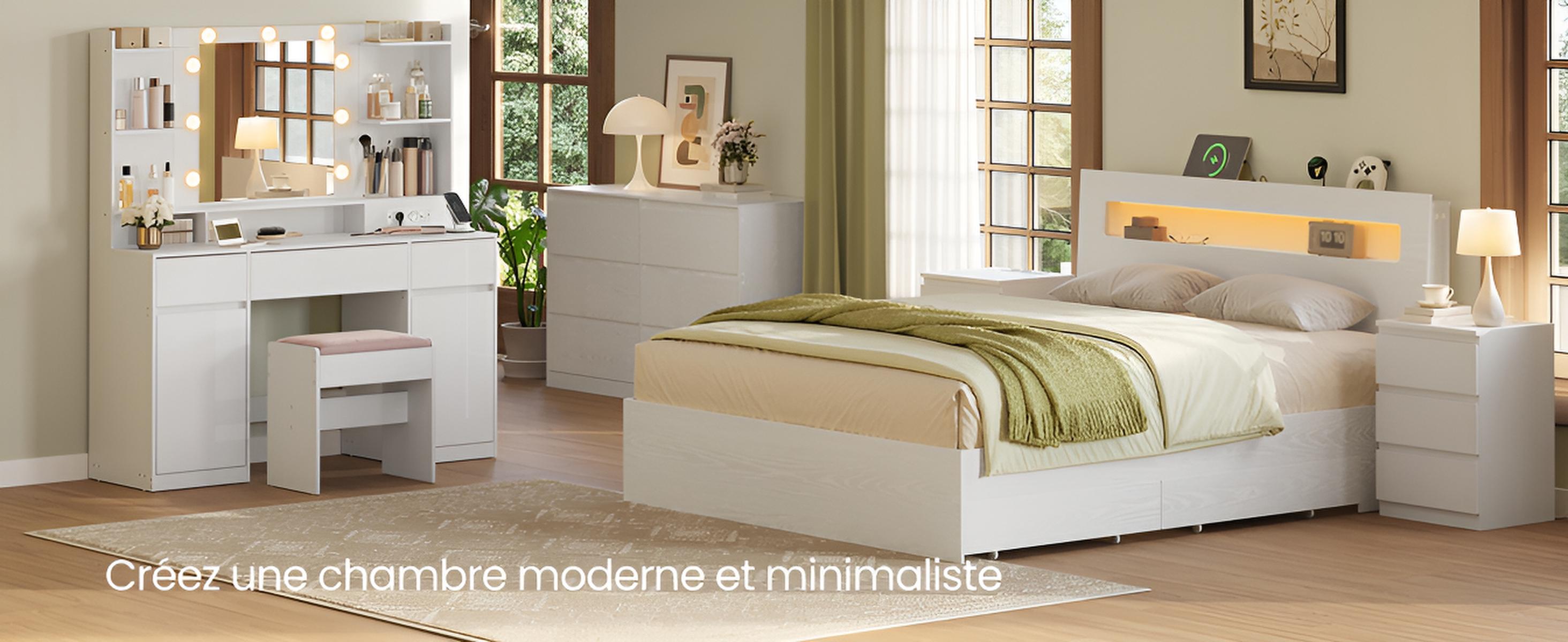 Coiffeuse avec Miroir LED et Prises | 3 Tiroirs + 2 Placards + 9 Ampoules – AUREA
