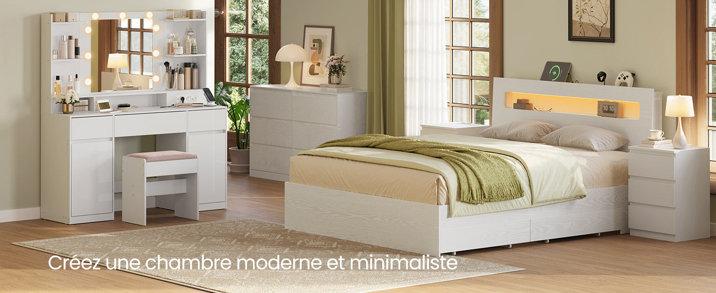 Coiffeuse avec Miroir LED Coulissant | Tabouret + Rangement Bijoux – AUREA