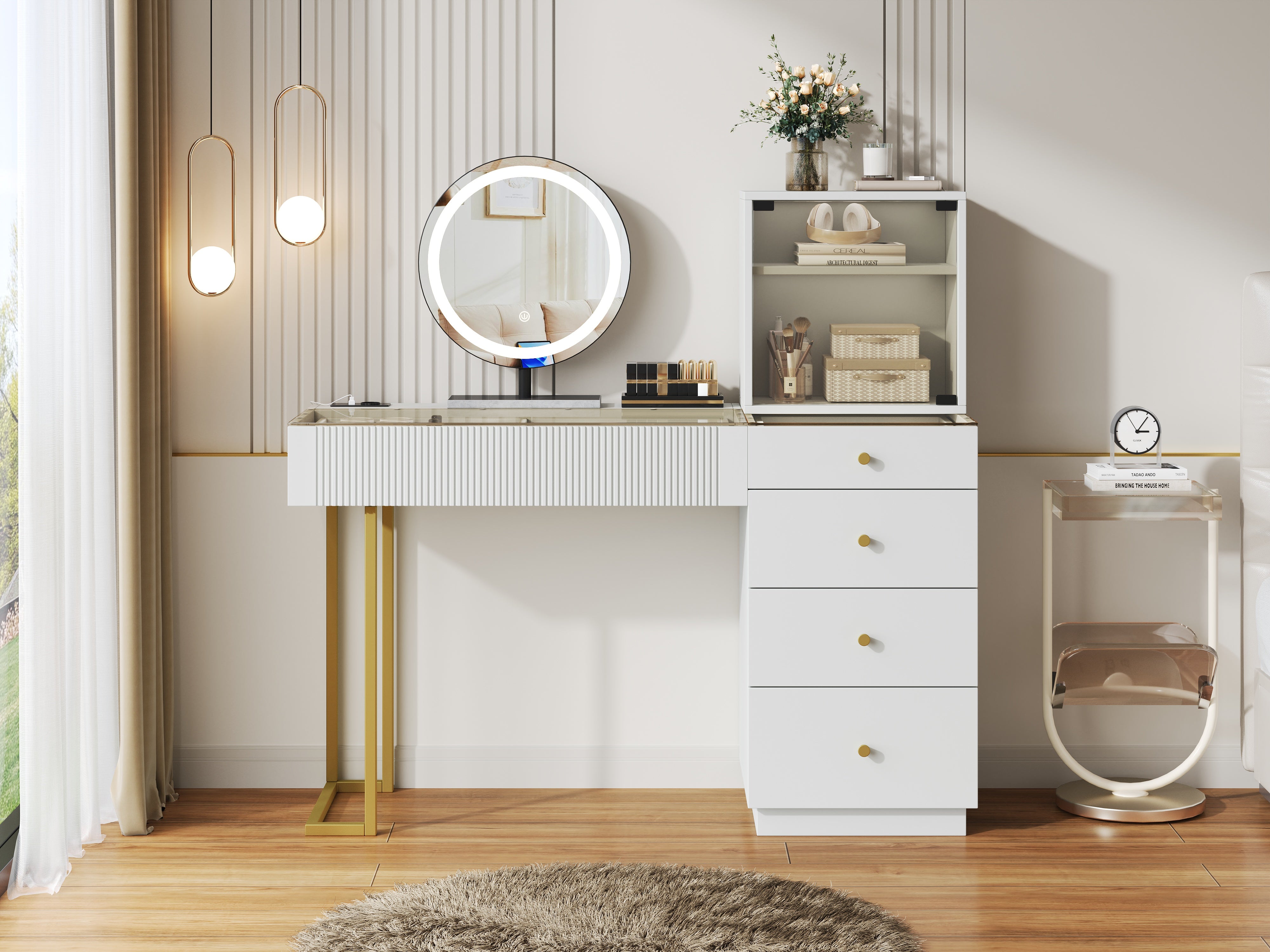 Coiffeuse avec Miroir LED et Plateau en Verre | 5 Tiroirs + Placard – AUREA
