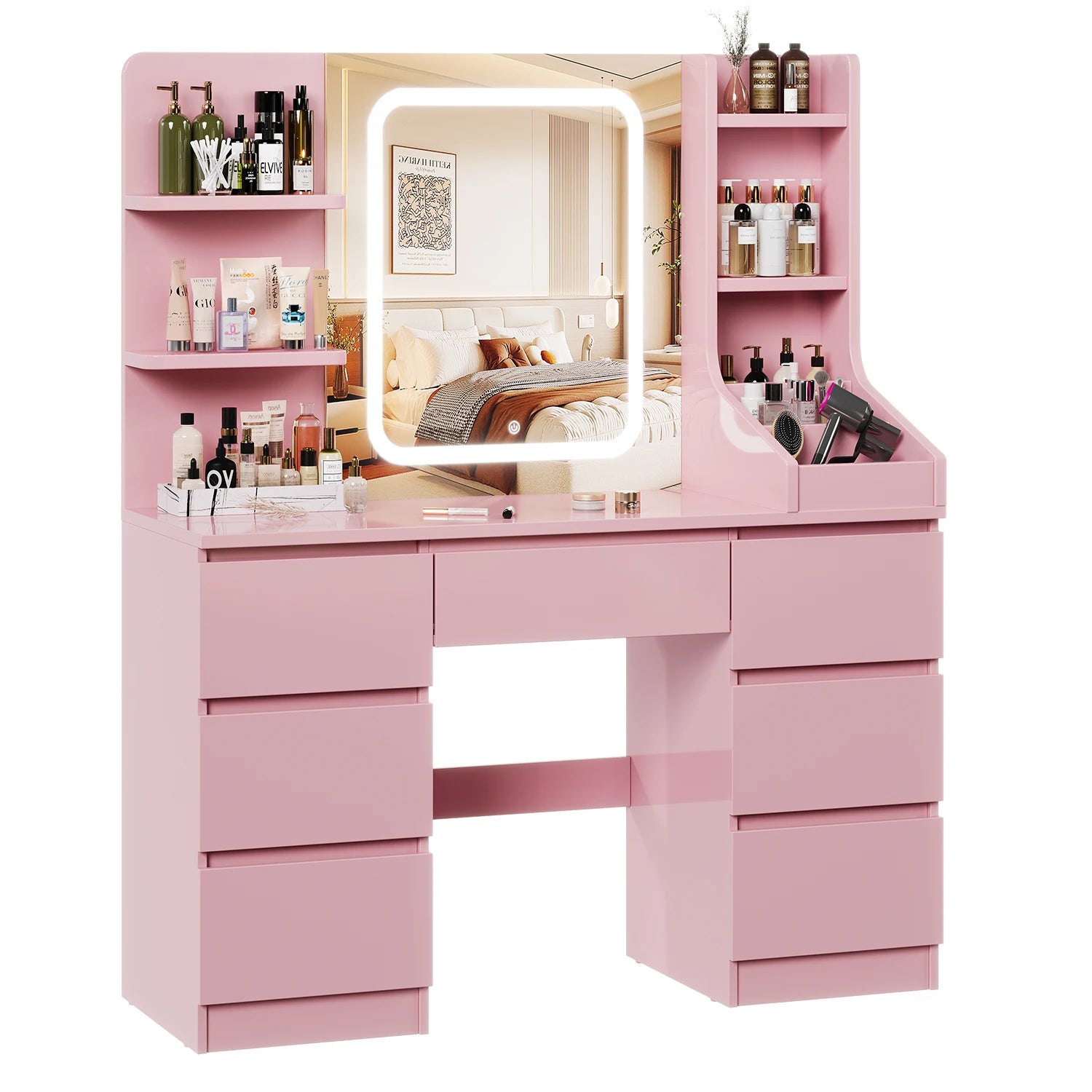 Coiffeuse avec Miroir LED et 7 Tiroirs | Éclairage Réglable + Prises Intégrées – AUREA