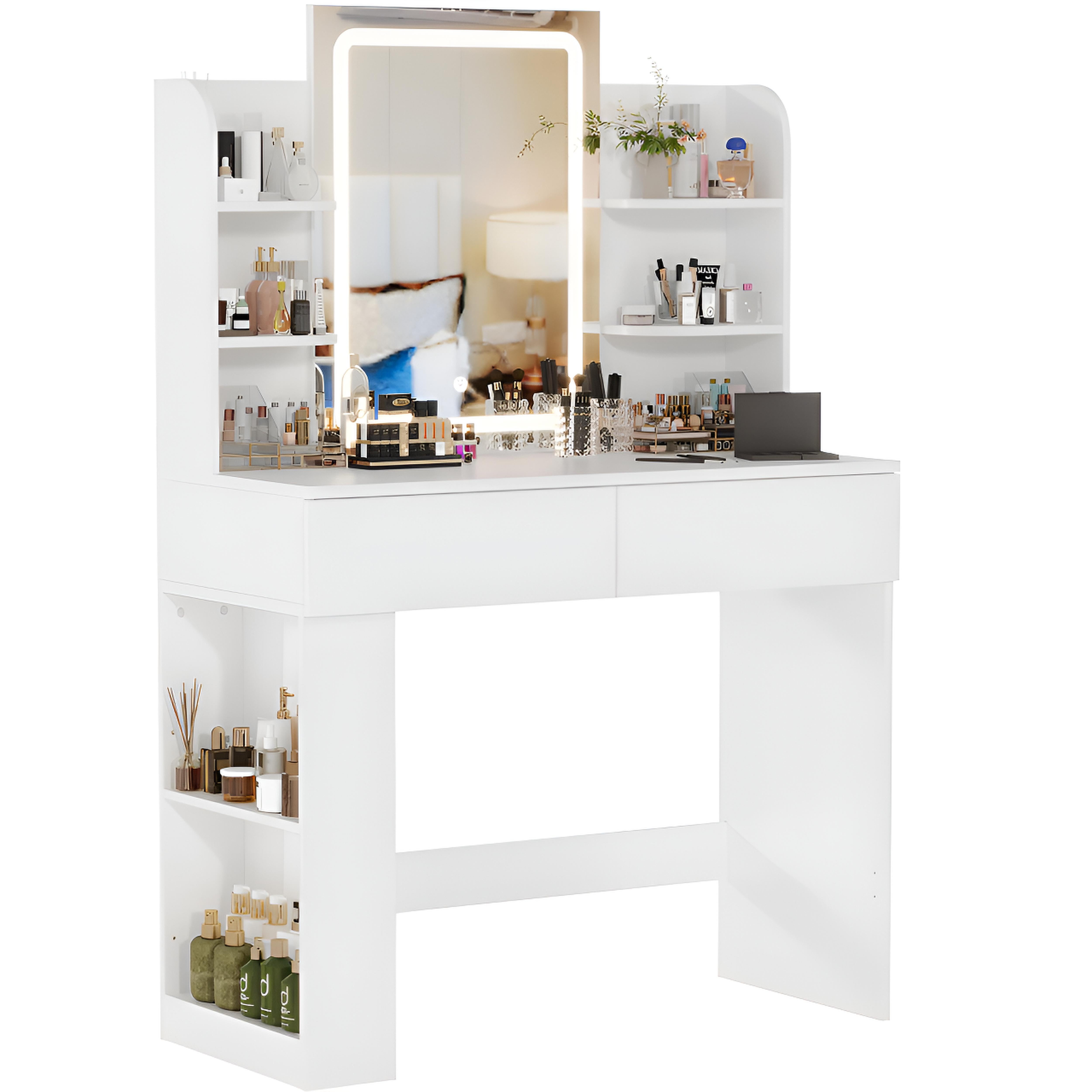 Coiffeuse avec Miroir LED et Tabouret | 2 Grands Tiroirs + Lumière Réglable – AUREA