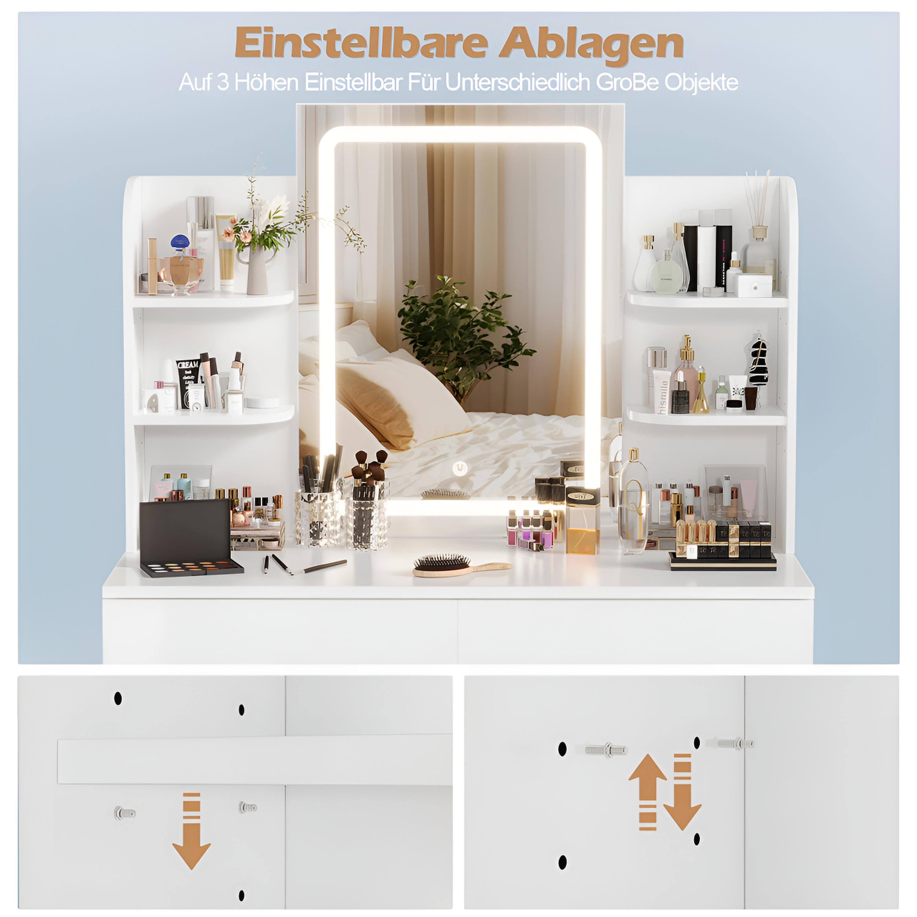 Coiffeuse avec Miroir LED et Tabouret | 2 Grands Tiroirs + Lumière Réglable – AUREA