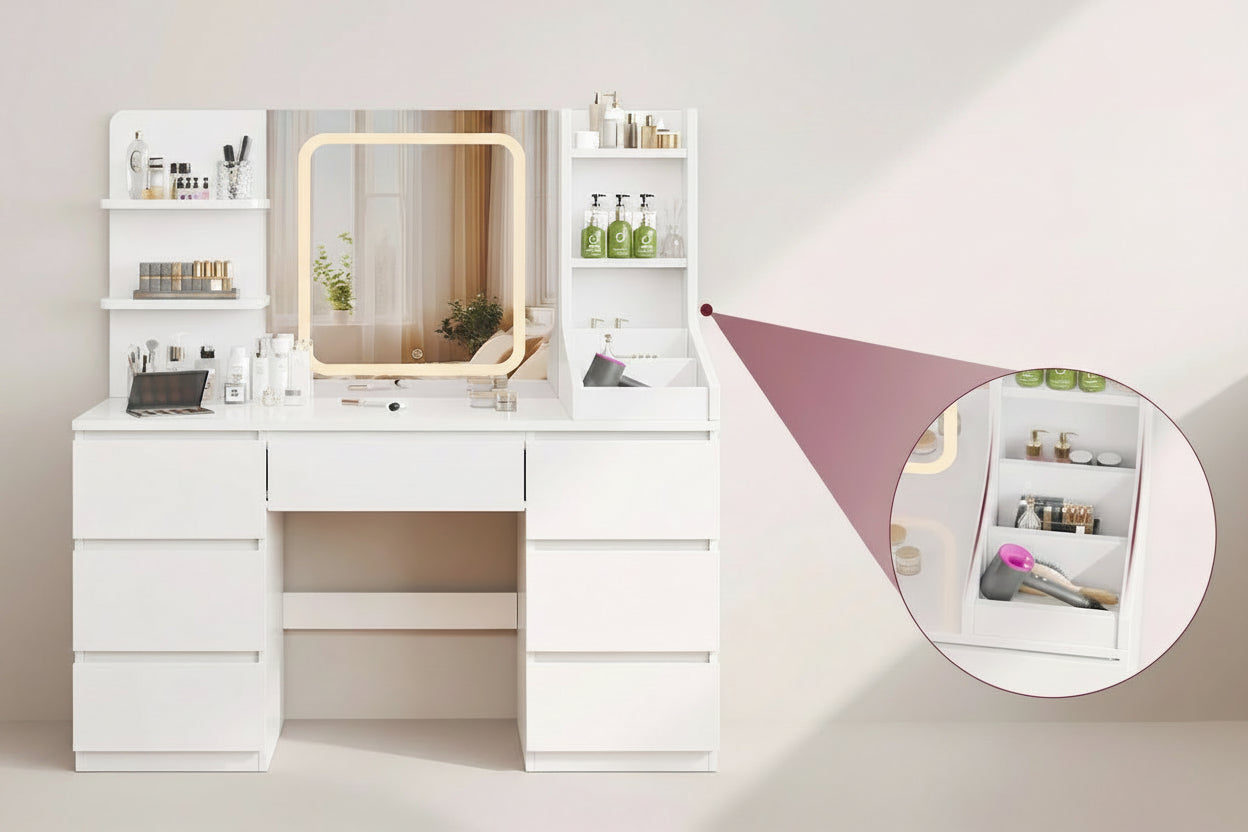 Coiffeuse avec Miroir LED et 7 Tiroirs | Éclairage Réglable + Prises Intégrées – AUREA