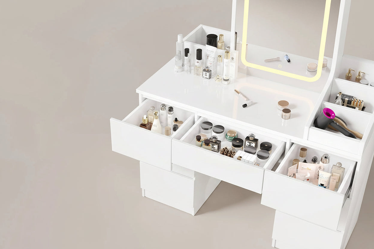 Coiffeuse avec Miroir LED et 7 Tiroirs | Éclairage Réglable + Prises Intégrées – AUREA