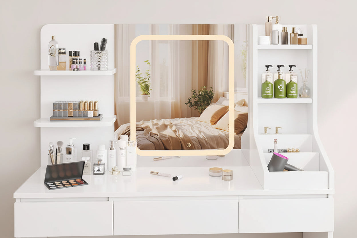 Coiffeuse avec Miroir LED et 7 Tiroirs | Éclairage Réglable + Prises Intégrées – AUREA