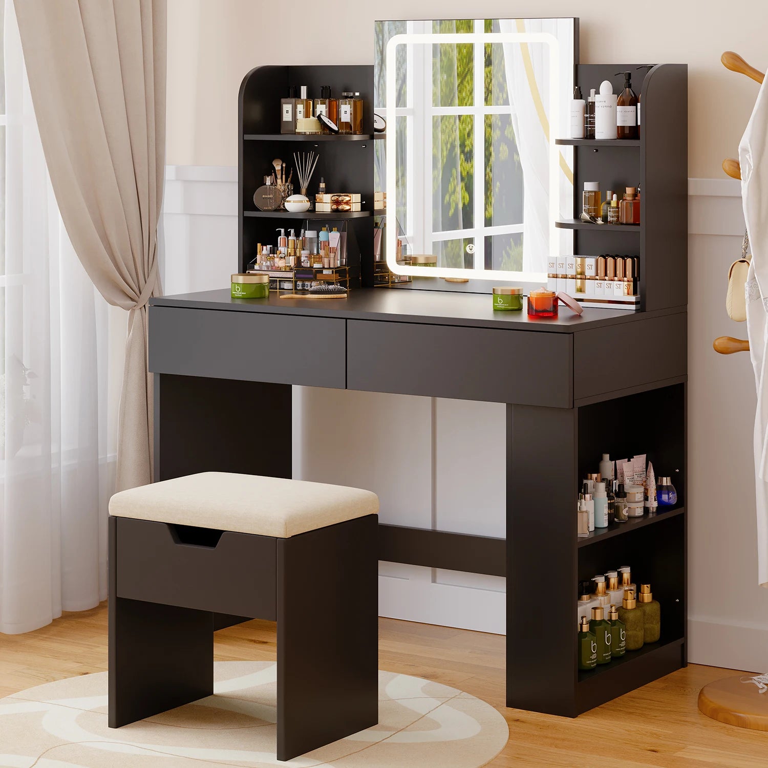 Coiffeuse avec Miroir LED et Tabouret | 2 Grands Tiroirs + Lumière Réglable – AUREA
