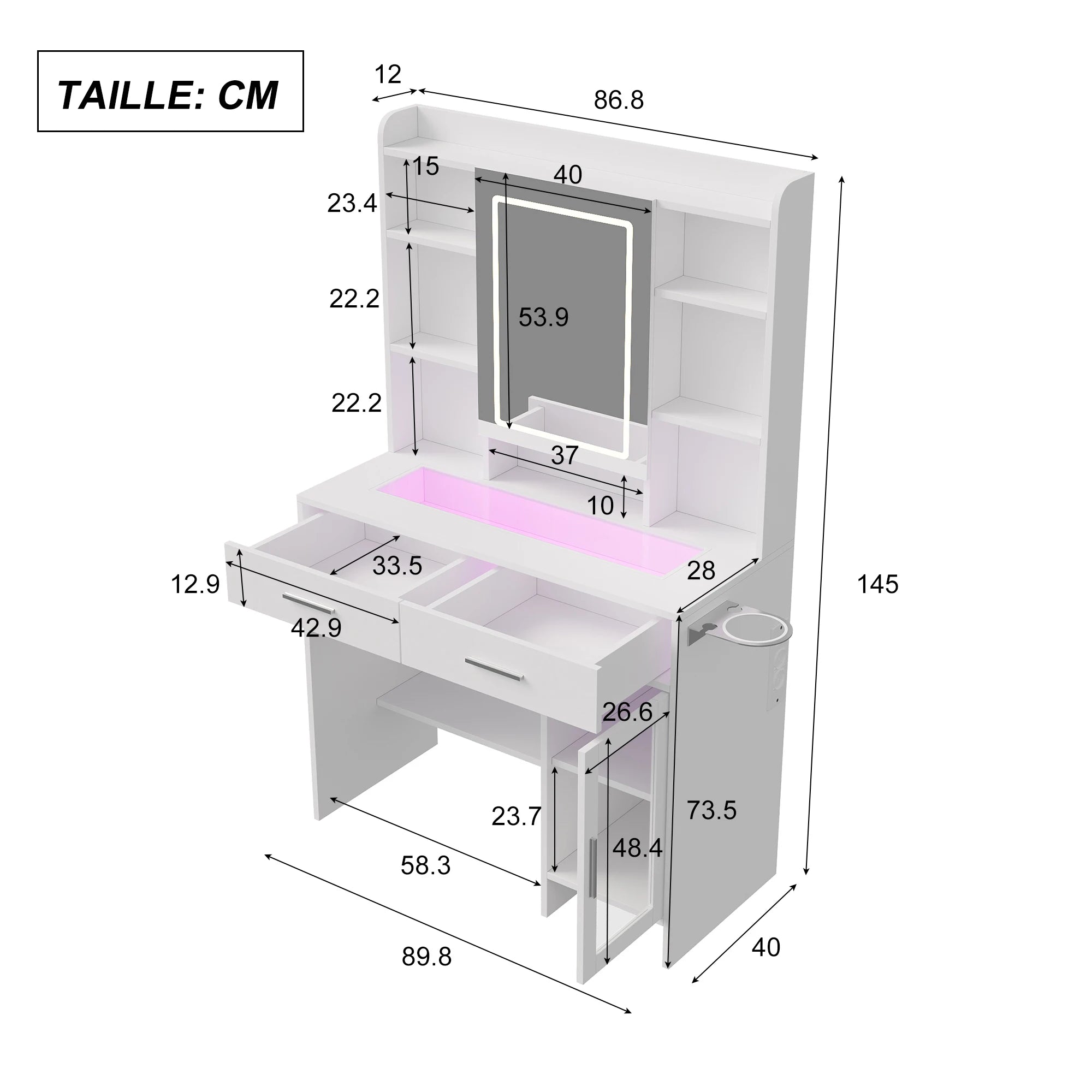 Coiffeuse femme LED avec Miroir et Rangement | 2 Tiroirs + Étagères + Support Sèche-Cheveux – AUREA