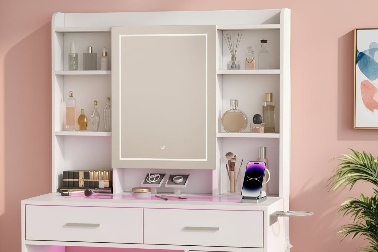 Coiffeuse femme LED avec Miroir et Rangement | 2 Tiroirs + Étagères + Support Sèche-Cheveux – AUREA