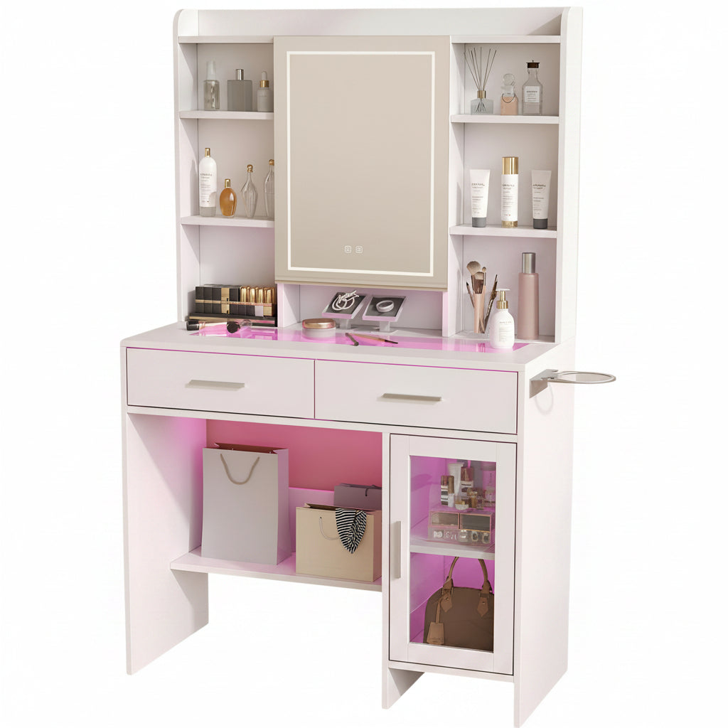 Coiffeuse femme LED avec Miroir et Rangement | 2 Tiroirs + Étagères + Support Sèche-Cheveux – AUREA