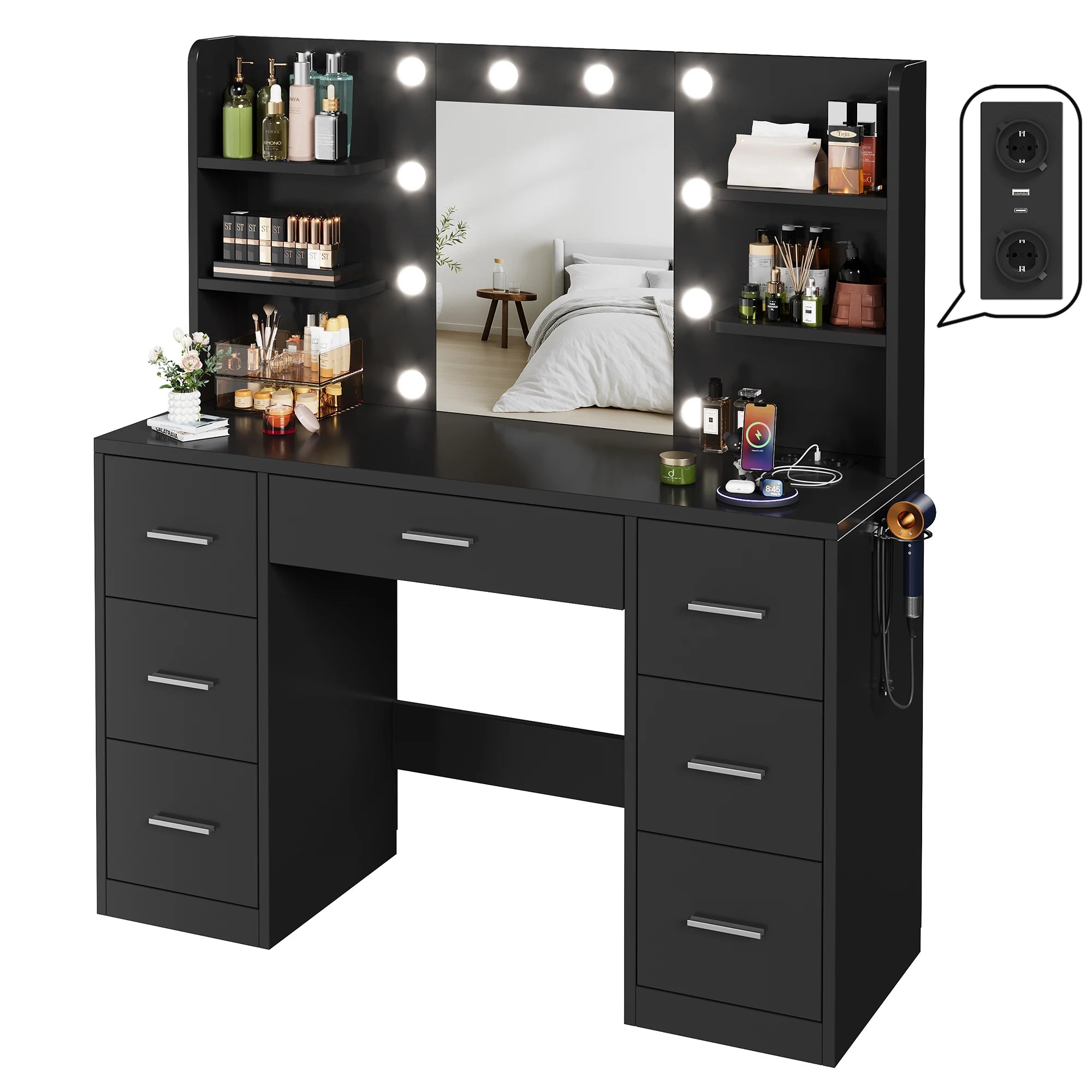 Coiffeuse femmes LED avec Miroir et Rangement | 7 Tiroirs + Éclairage Réglable + Prise – AUREA