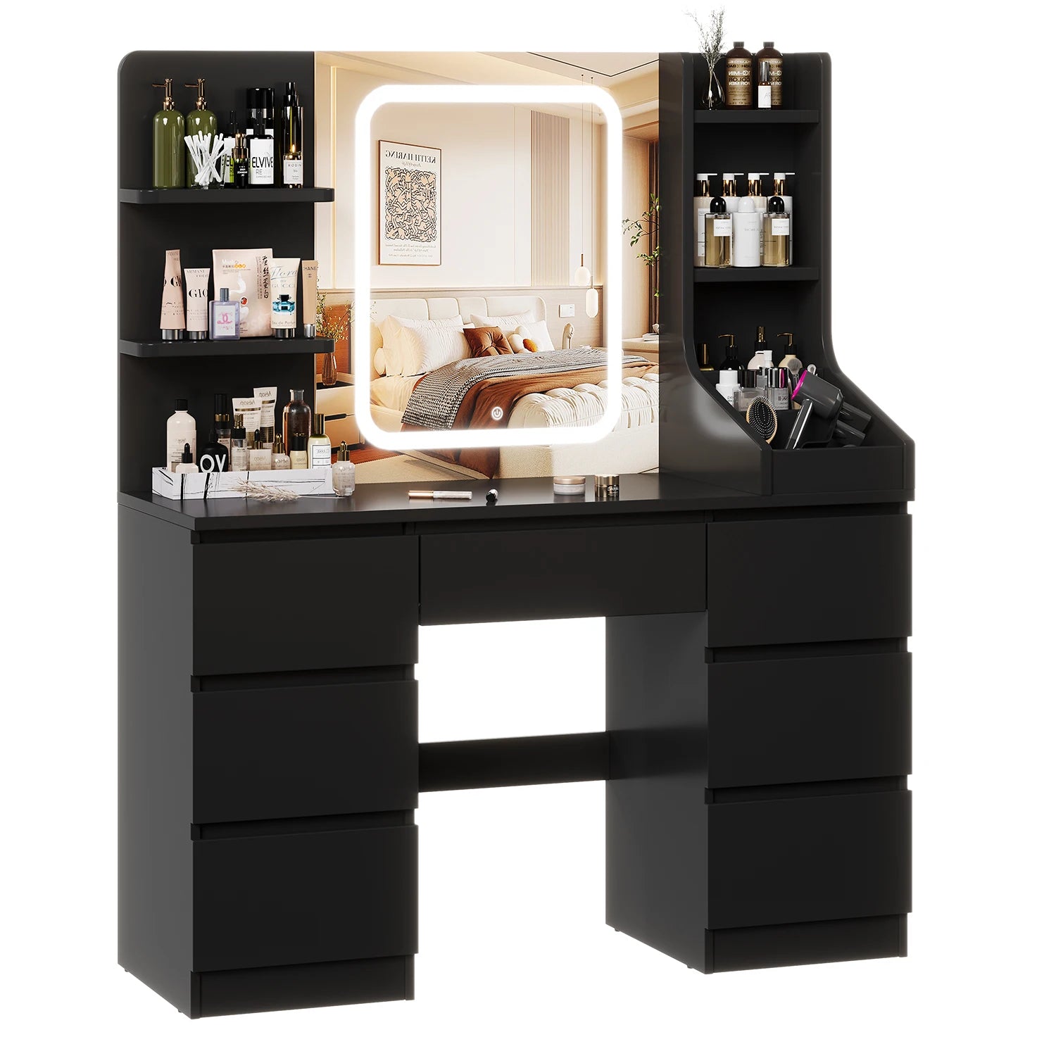 Coiffeuse avec Miroir LED et 7 Tiroirs | Éclairage Réglable + Prises Intégrées – AUREA