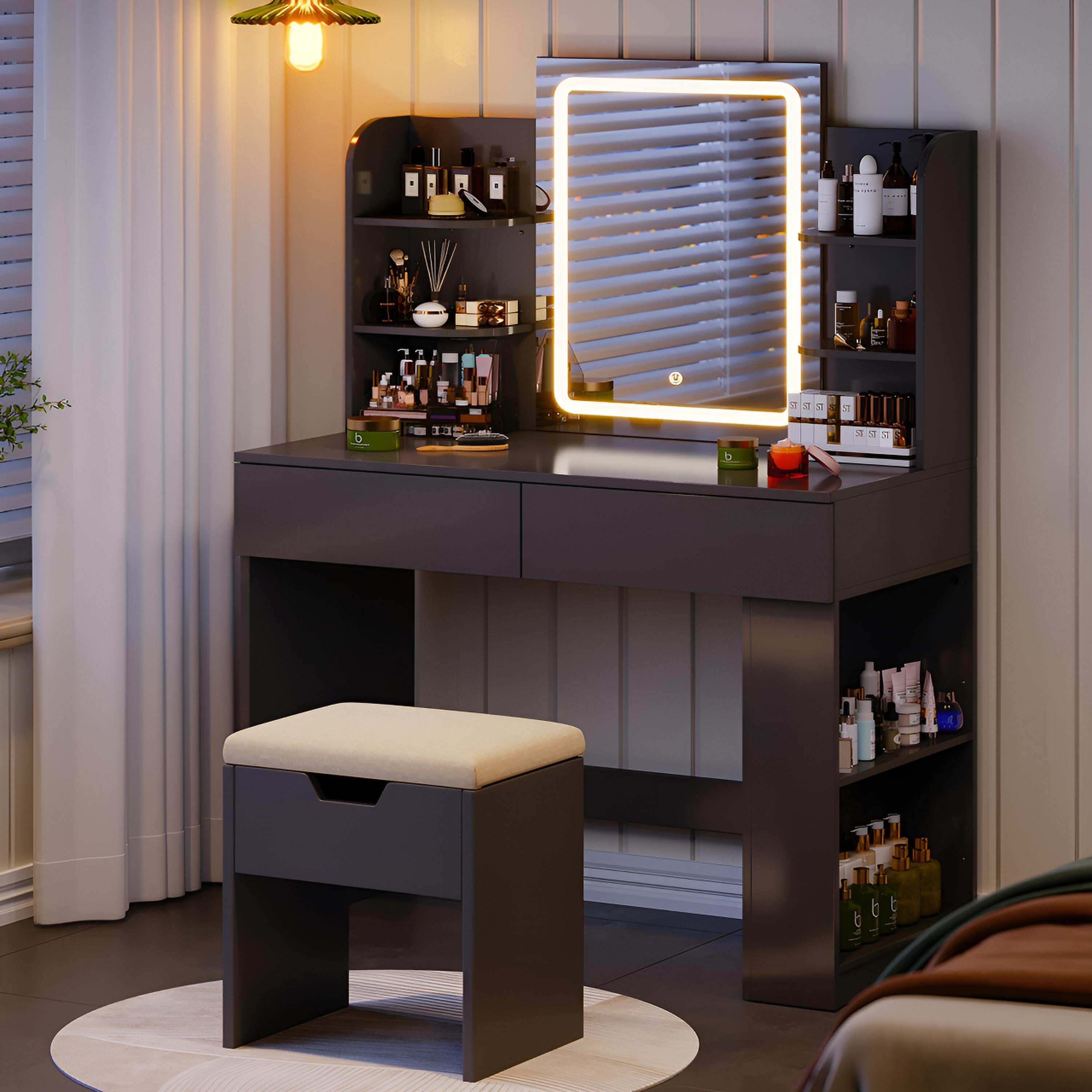 Coiffeuse avec Miroir LED et Tabouret | 2 Grands Tiroirs + Lumière Réglable – AUREA