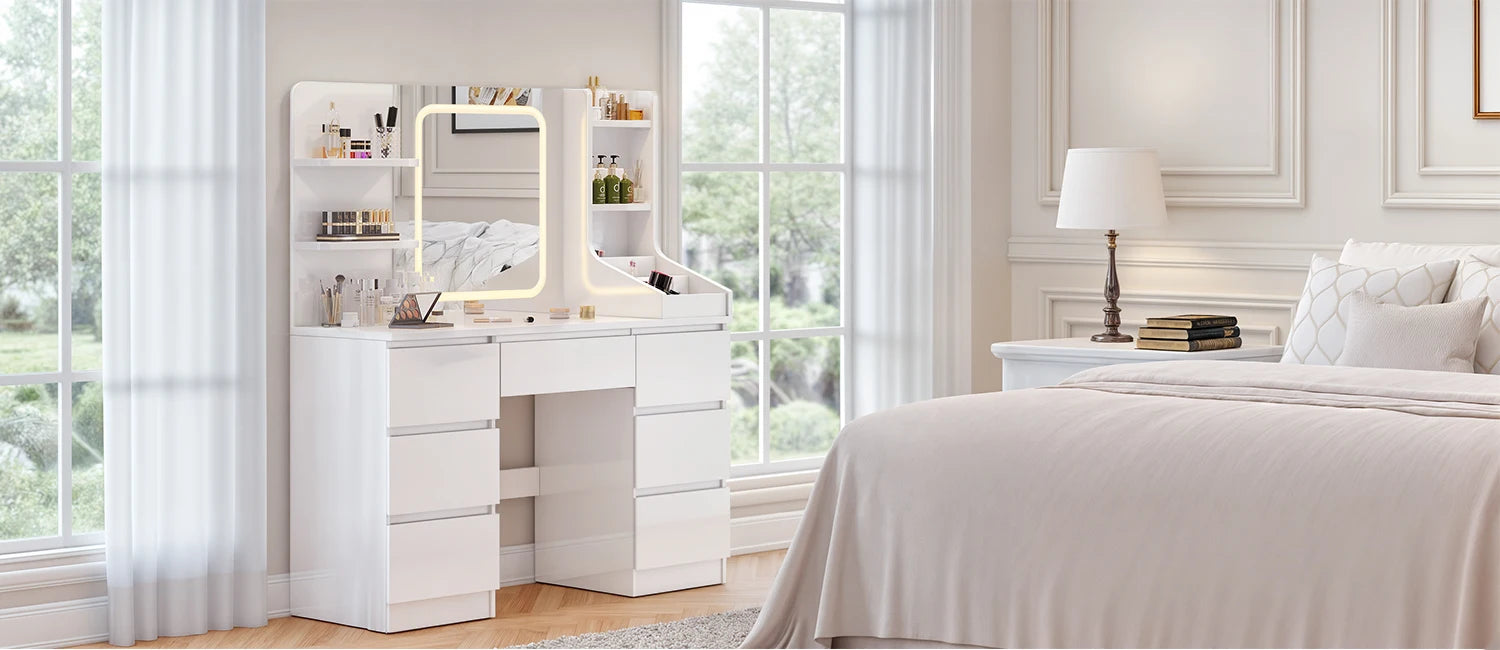 Coiffeuse avec Miroir LED et 7 Tiroirs | Éclairage Réglable + Prises Intégrées – AUREA