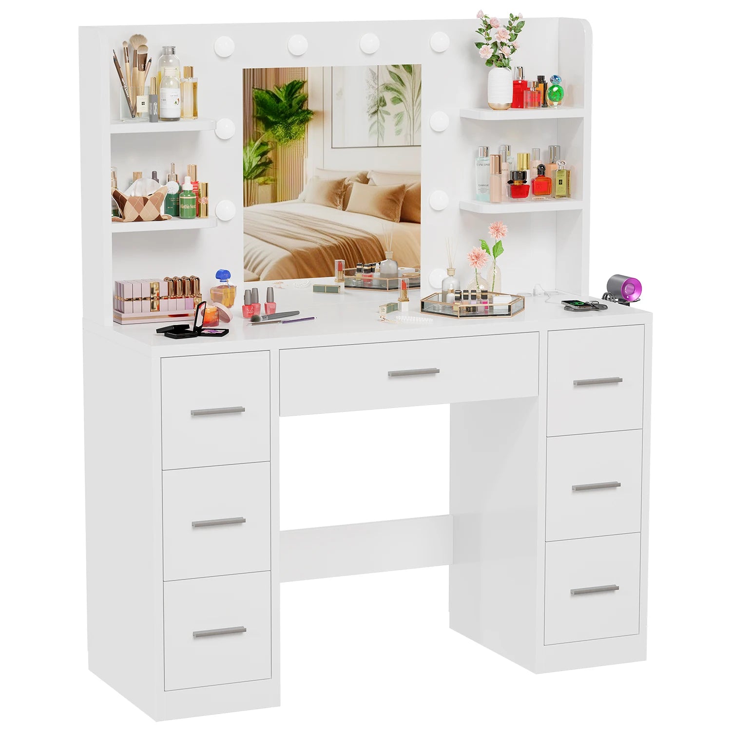 Coiffeuse femmes LED avec Miroir et Rangement | 7 Tiroirs + Éclairage Réglable + Prise – AUREA