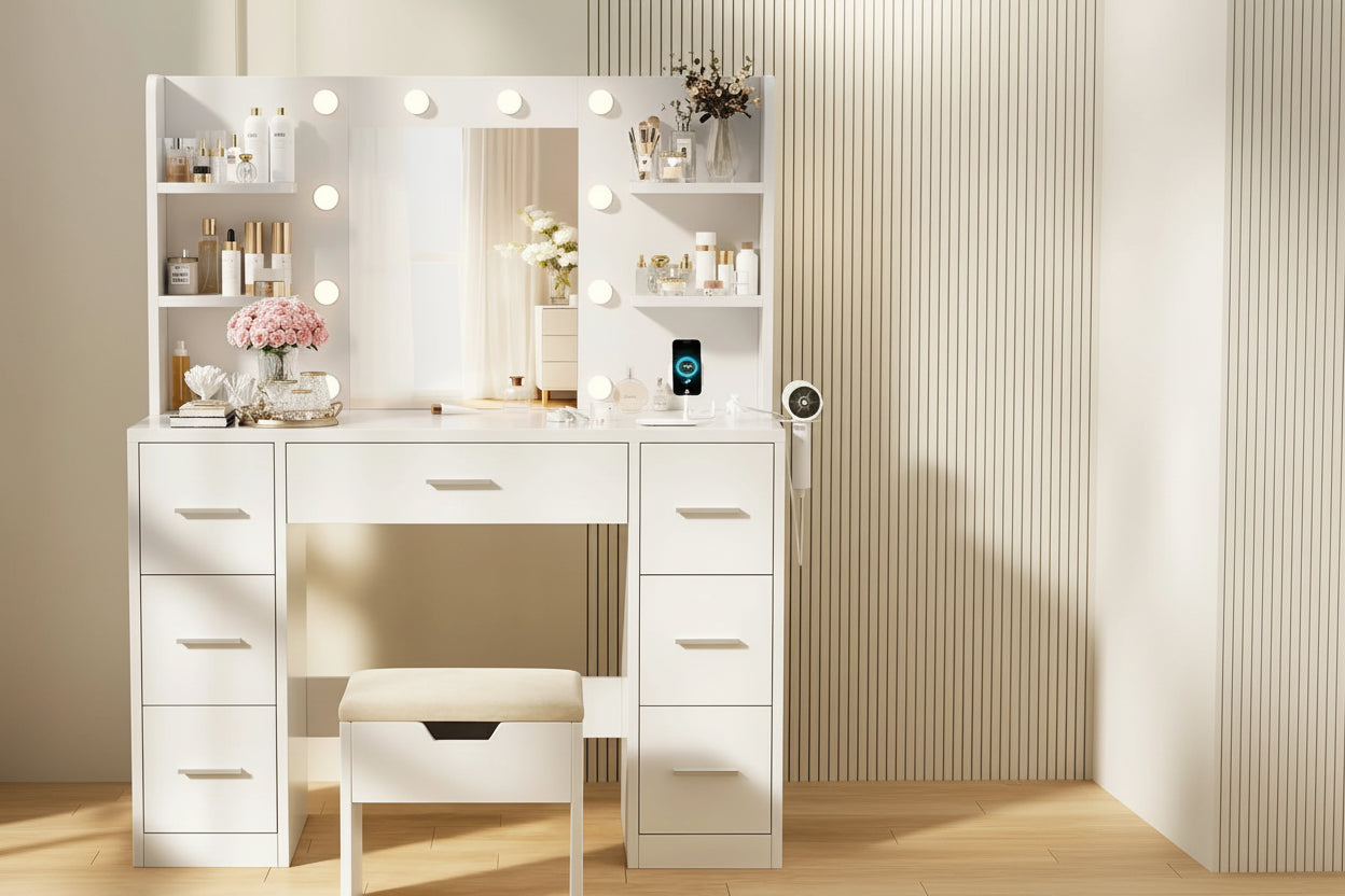 Coiffeuse femmes LED avec Miroir et Rangement | 7 Tiroirs + Éclairage Réglable + Prise – AUREA