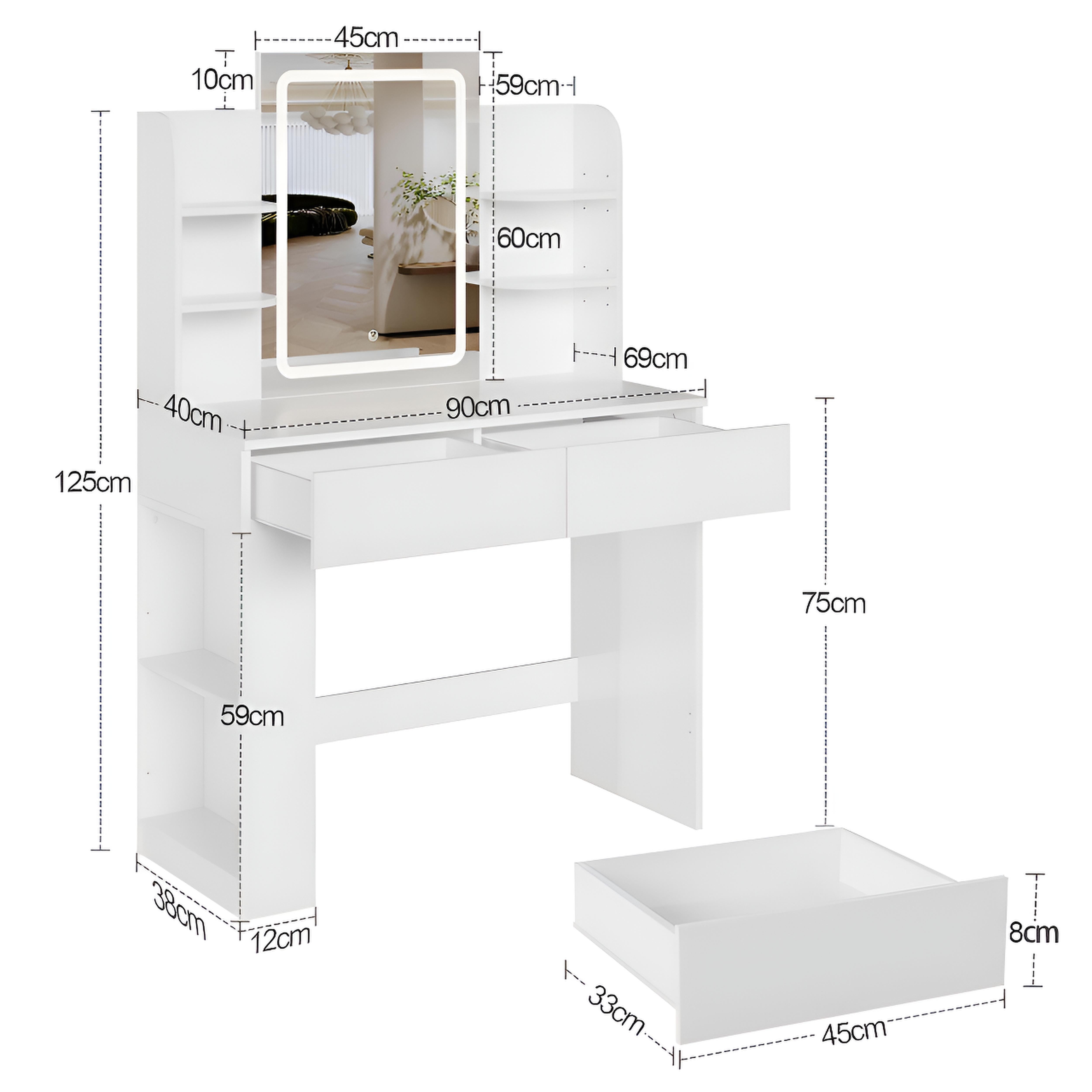 Coiffeuse avec Miroir LED et Tabouret | 2 Grands Tiroirs + Lumière Réglable – AUREA