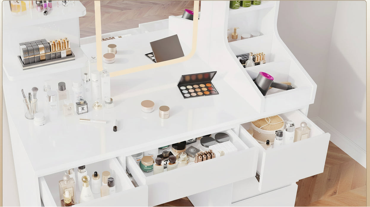 Coiffeuse avec Miroir LED et 7 Tiroirs | Éclairage Réglable + Prises Intégrées – AUREA