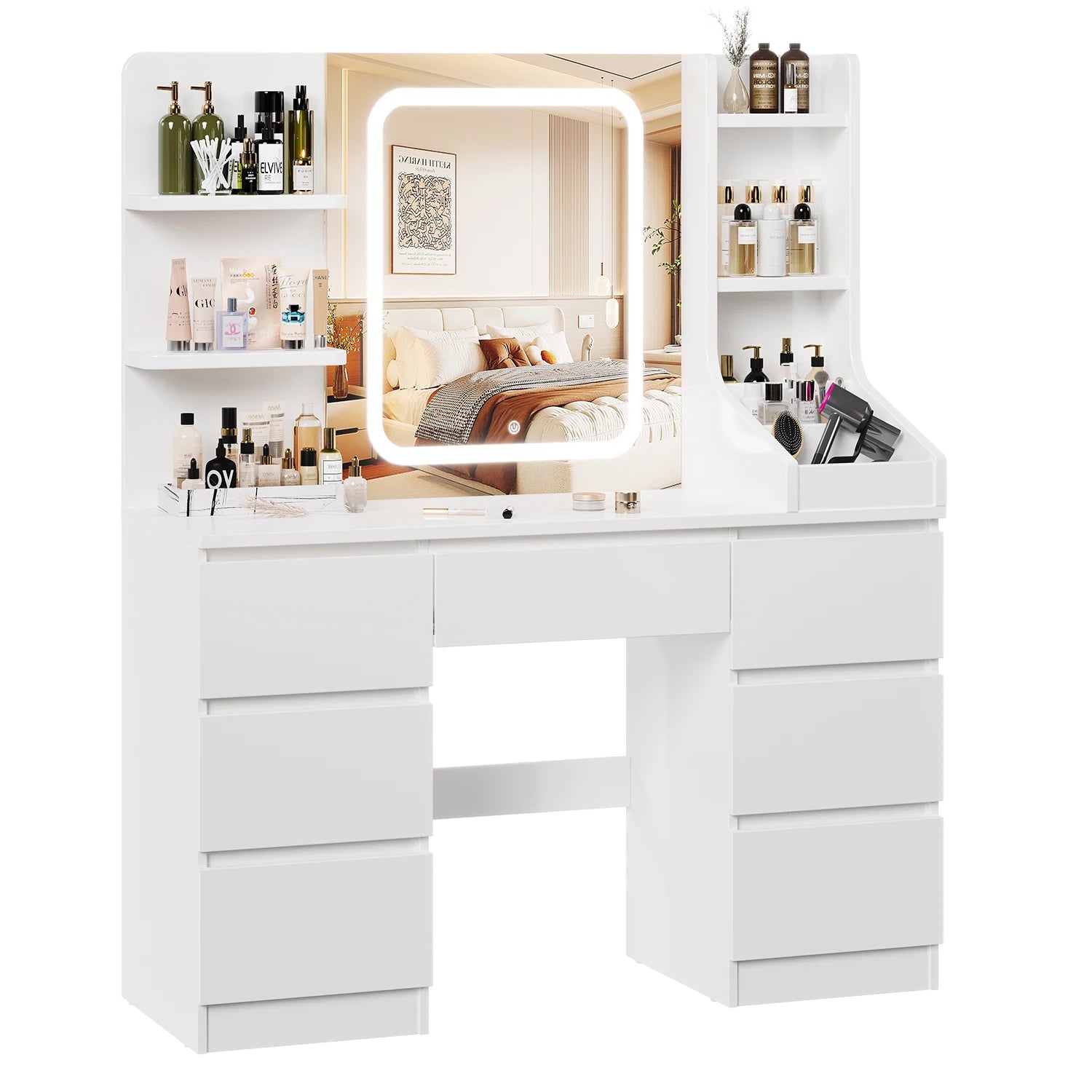 Coiffeuse avec Miroir LED et 7 Tiroirs | Éclairage Réglable + Prises Intégrées – AUREA