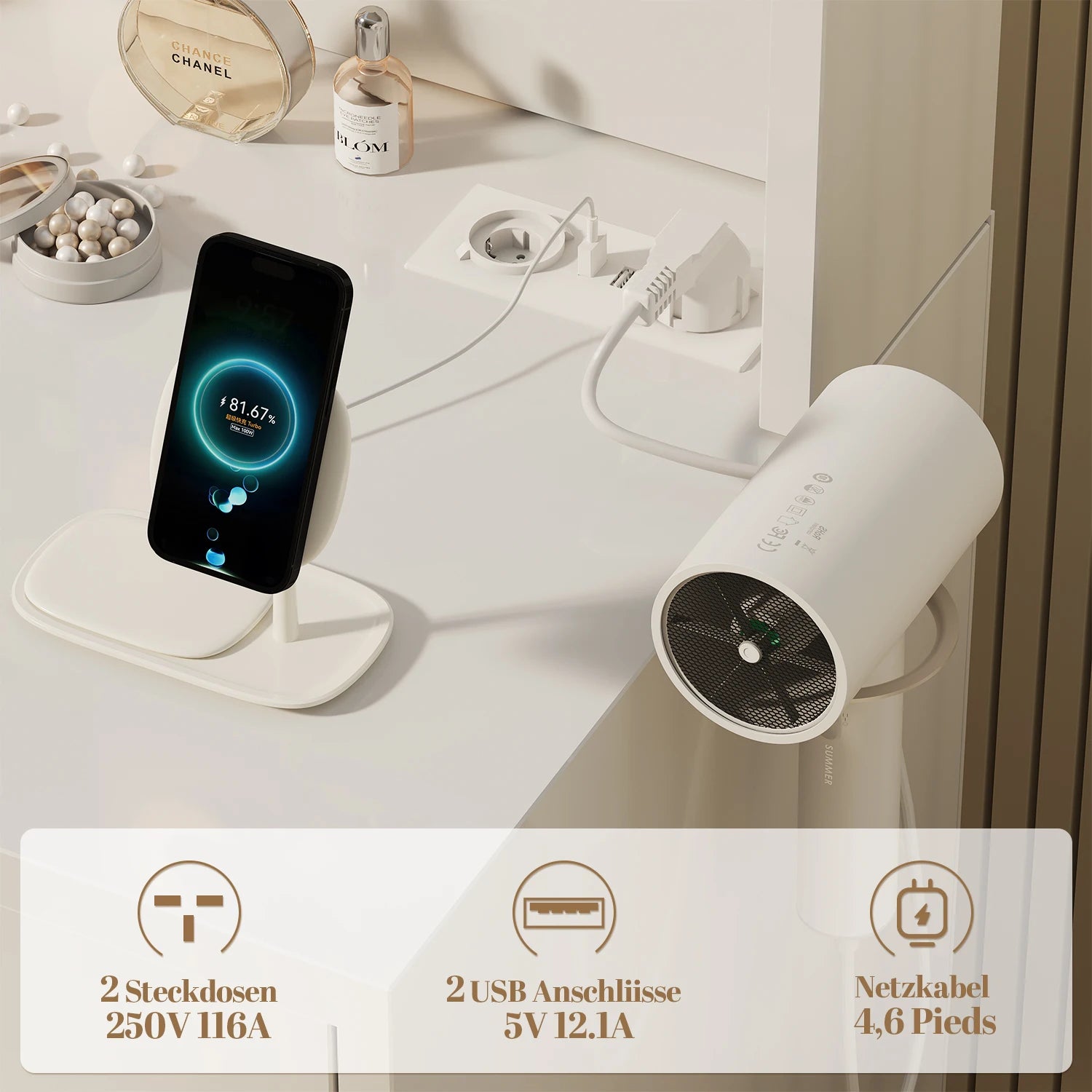 Coiffeuse femmes LED avec Miroir et Rangement | 7 Tiroirs + Éclairage Réglable + Prise – AUREA