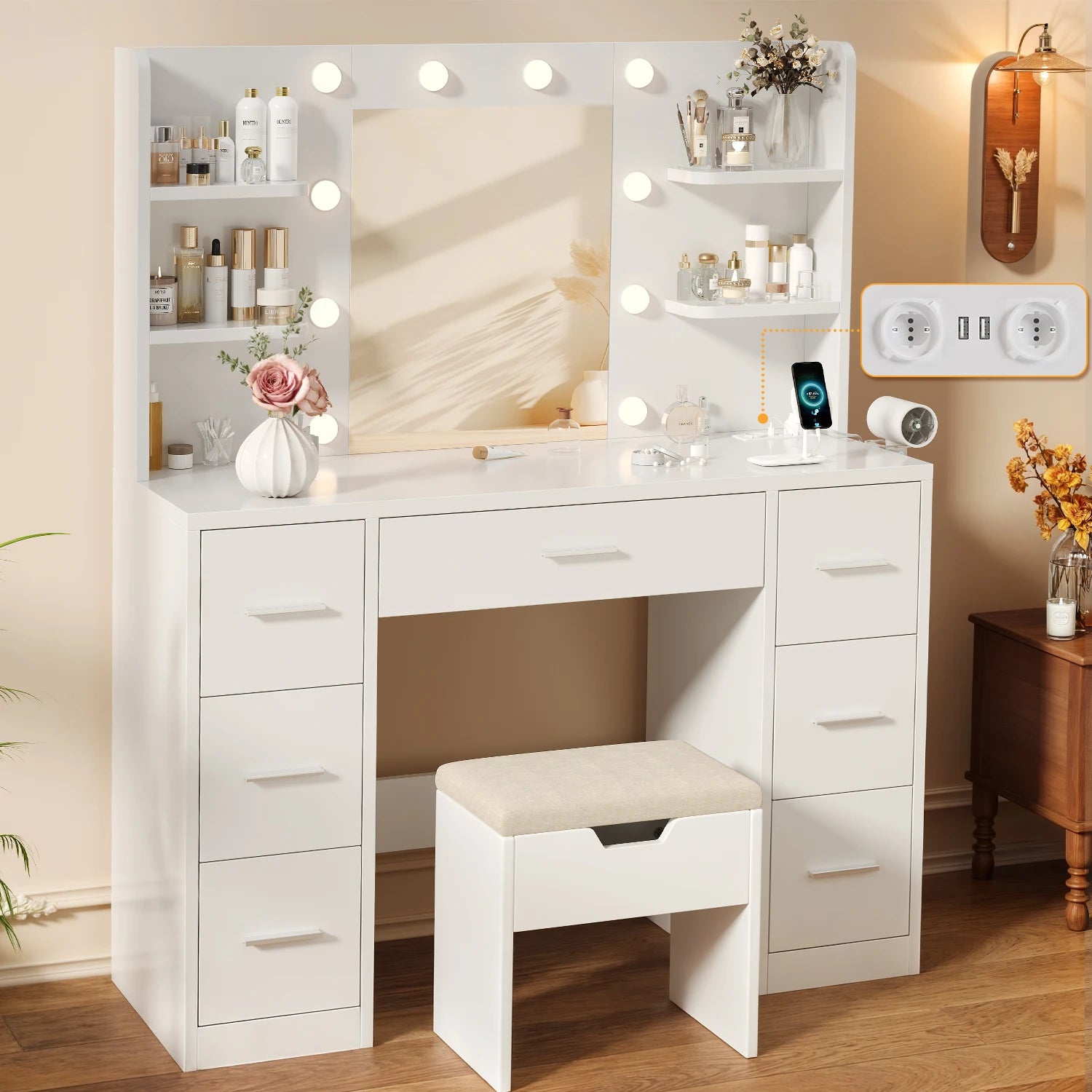 Coiffeuse femmes LED avec Miroir et Rangement | 7 Tiroirs + Éclairage Réglable + Prise – AUREA