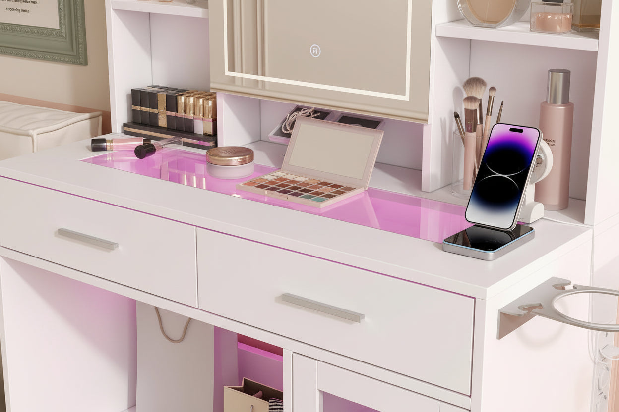 Coiffeuse femme LED avec Miroir et Rangement | 2 Tiroirs + Étagères + Support Sèche-Cheveux – AUREA