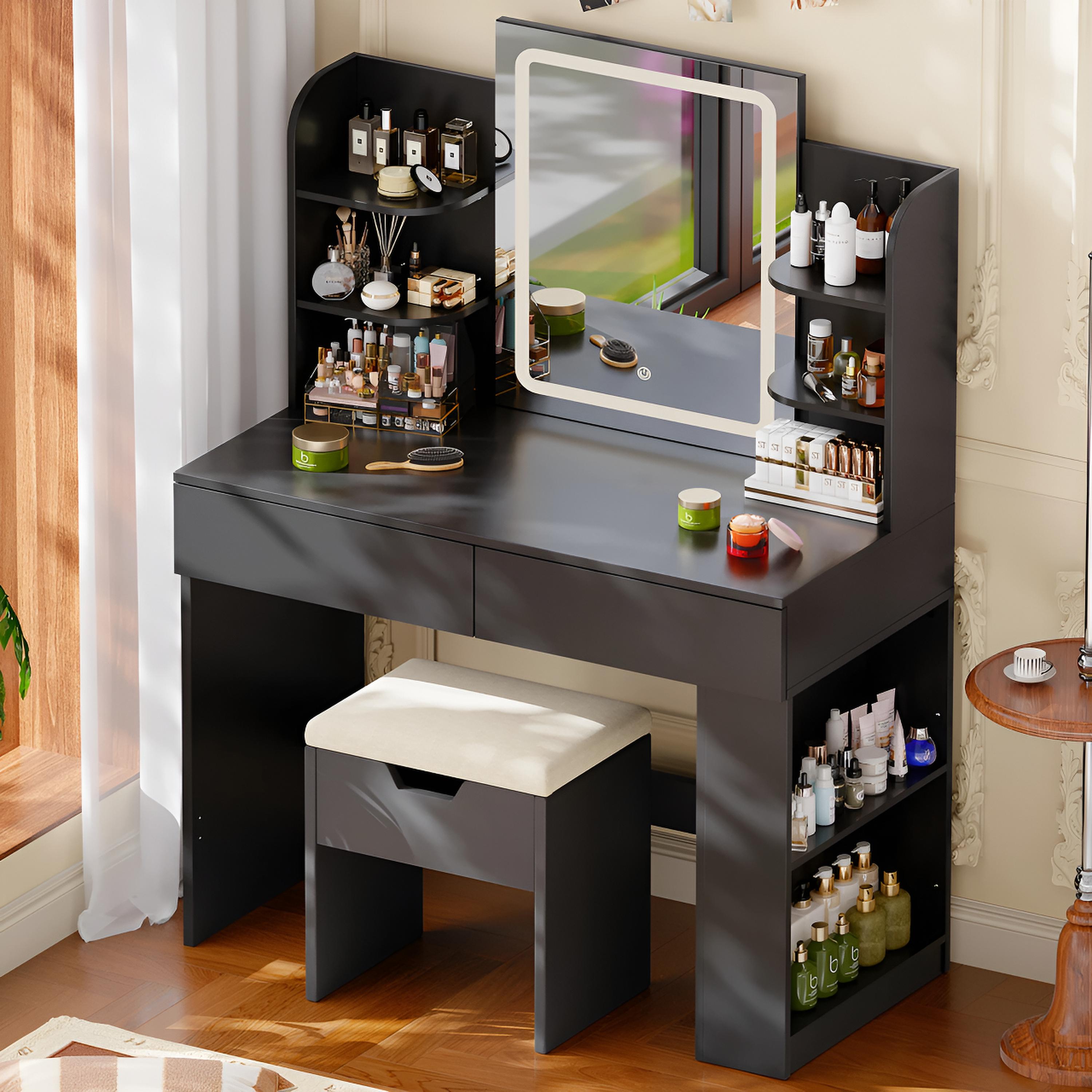 Coiffeuse avec Miroir LED et Tabouret | 2 Grands Tiroirs + Lumière Réglable – AUREA