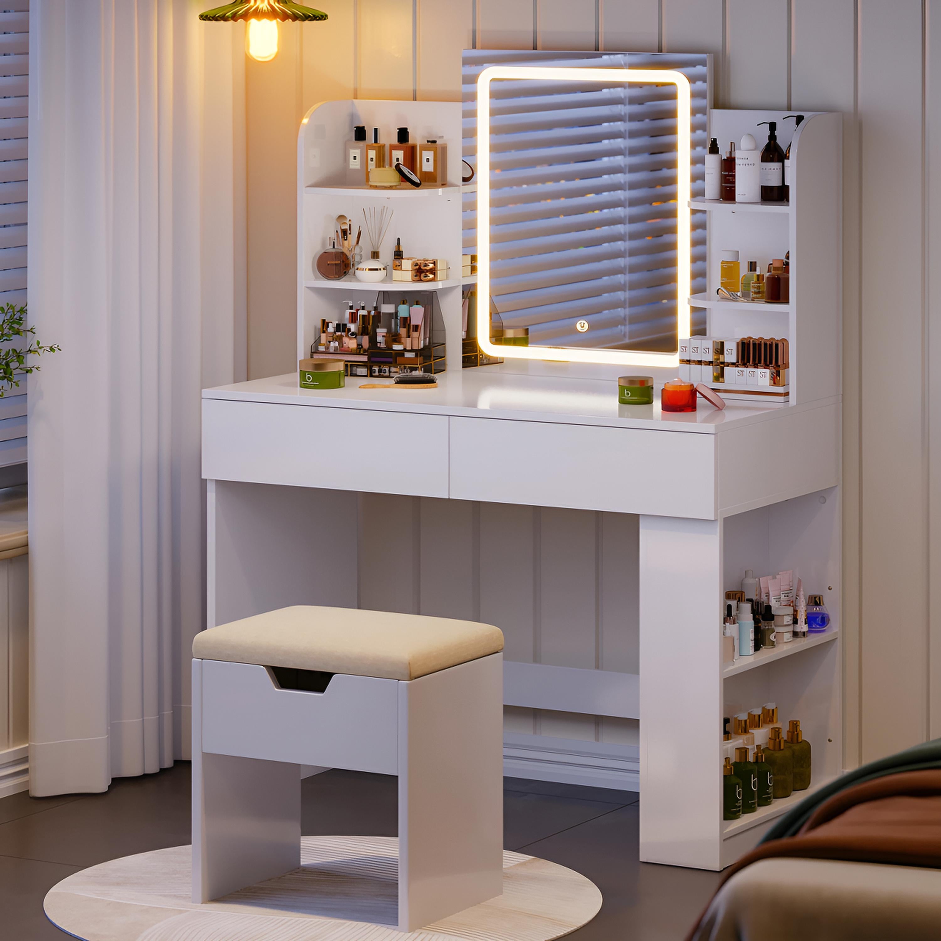 Coiffeuse avec Miroir LED et Tabouret | 2 Grands Tiroirs + Lumière Réglable – AUREA